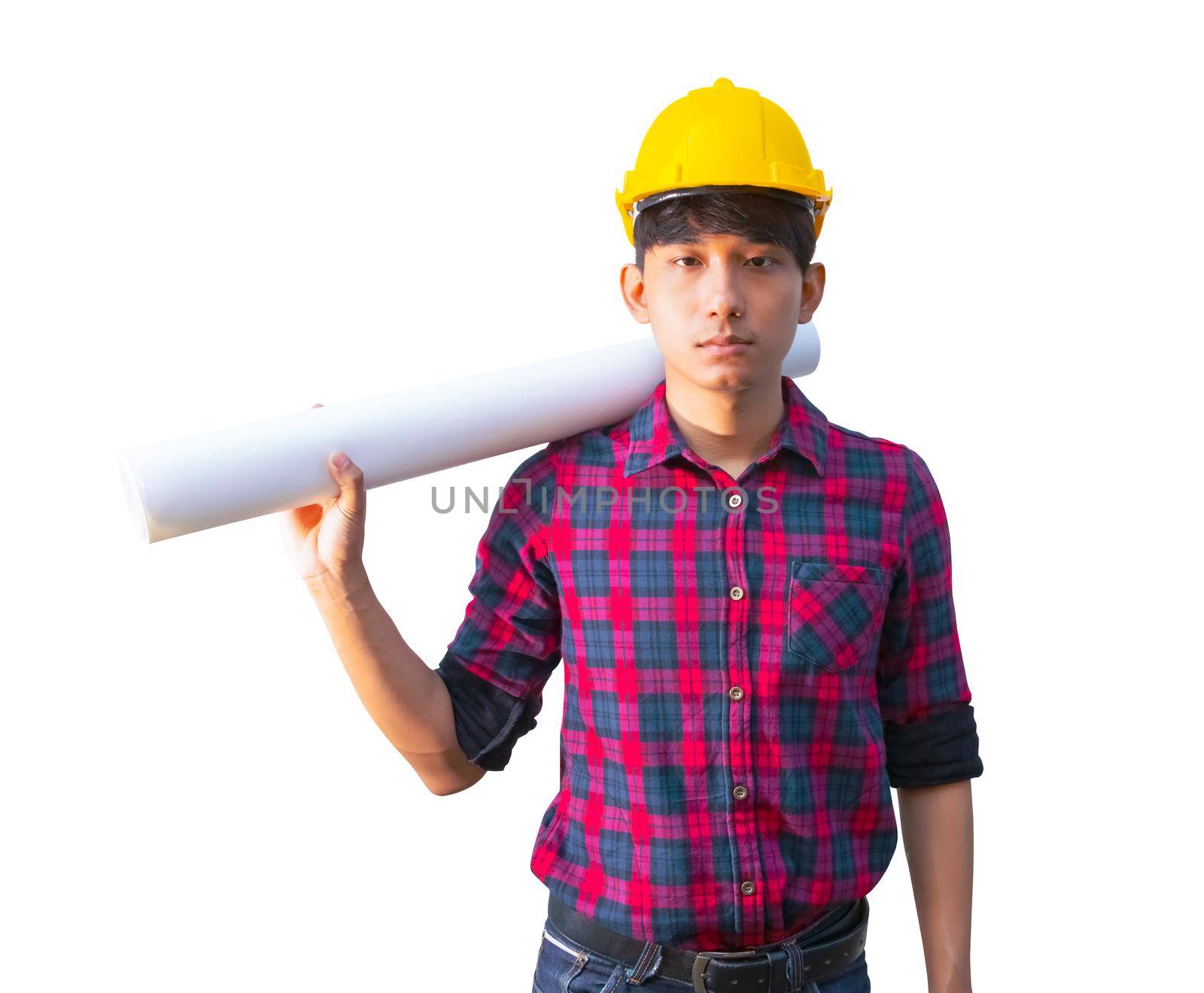 Engineer holding rolled blueprints construction on shoulder and wear yellow safety helmet plastic on white background by pramot