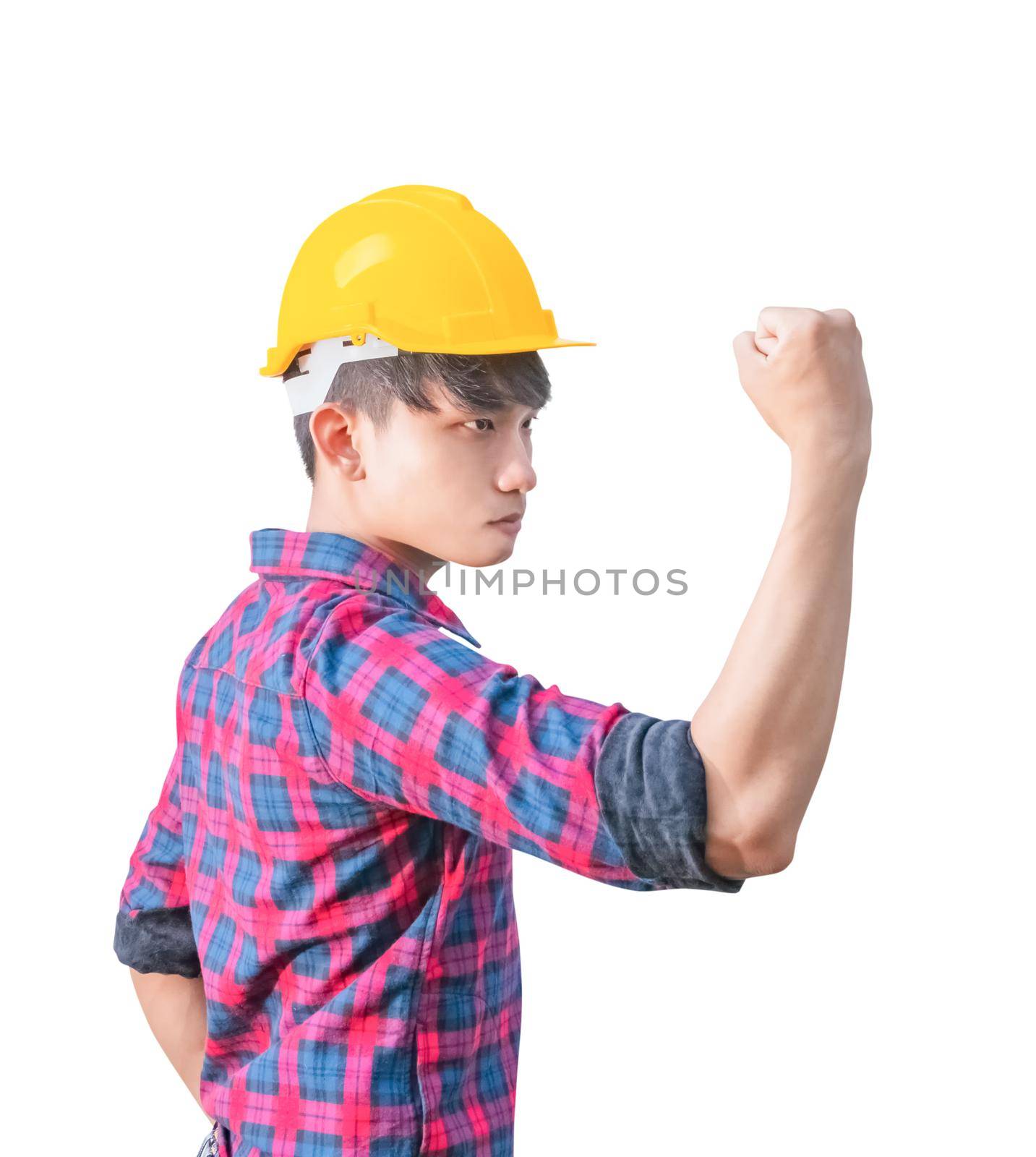 Engineer construction raise fist hand happy success that wear yellow safety helmet plastic isolated on white background by pramot