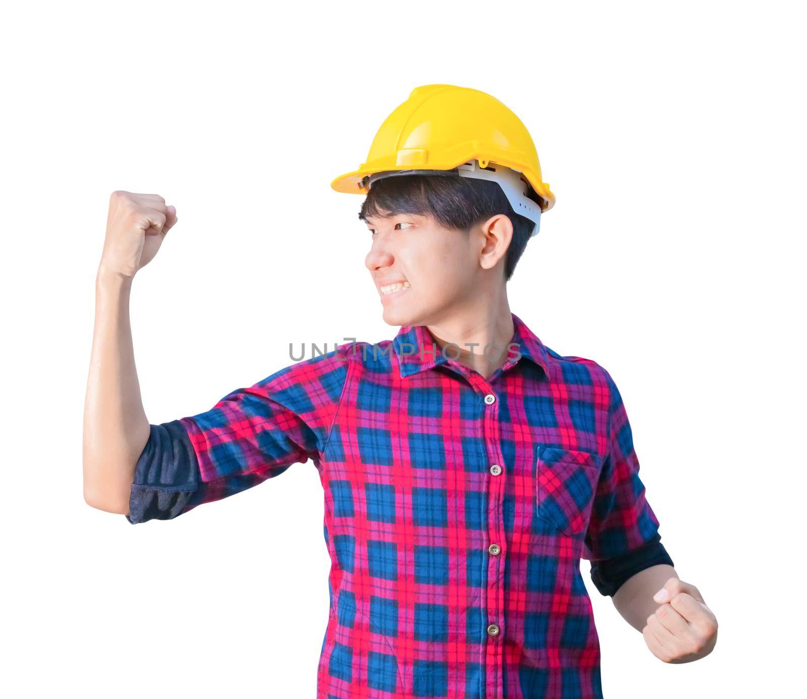 Engineer construction man wear yellow safety helmet plastic raise fist irritated and angry isolated on white background
