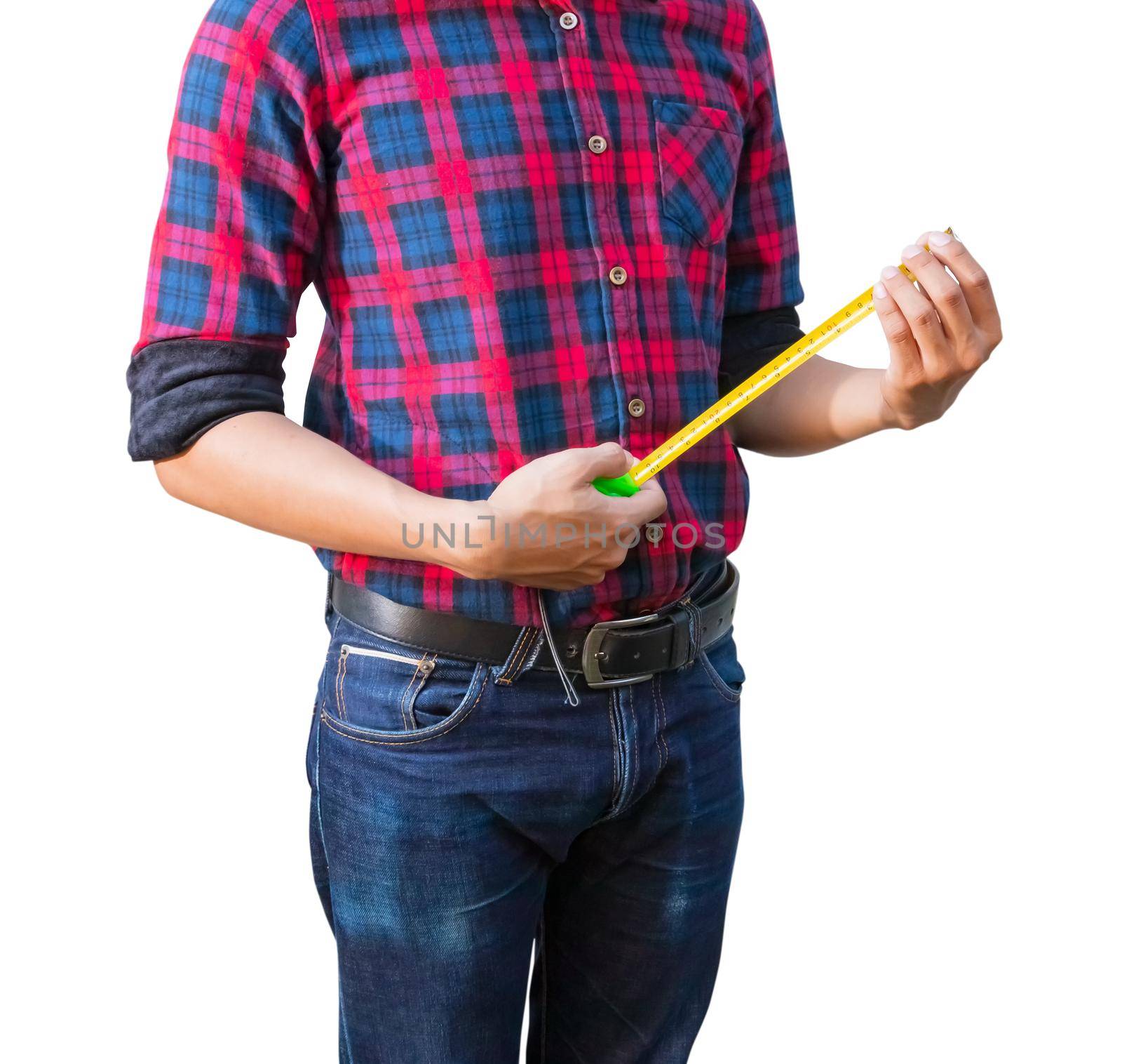 hand of engineer is holding tape measure on white background. construction concept by pramot