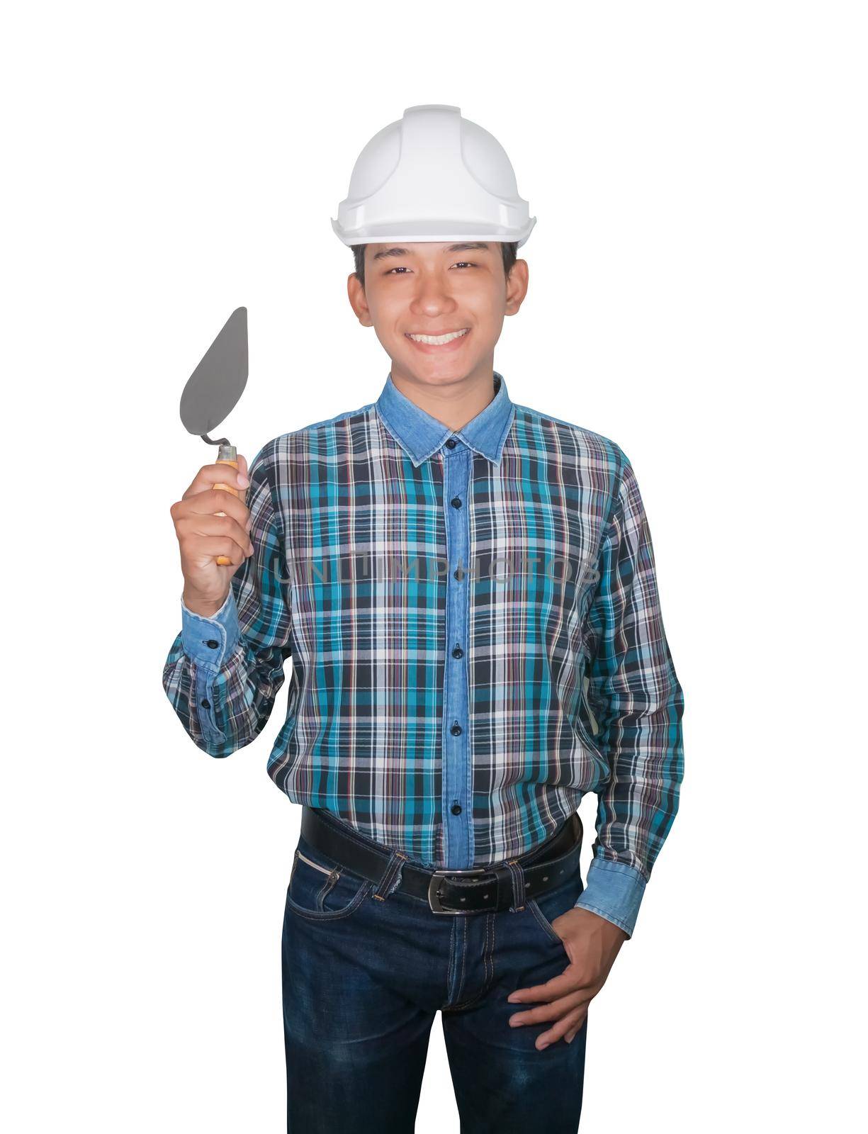 hand of engineer holding Triangle trowel and wear white safety helmet plastic on white background. construction concept
