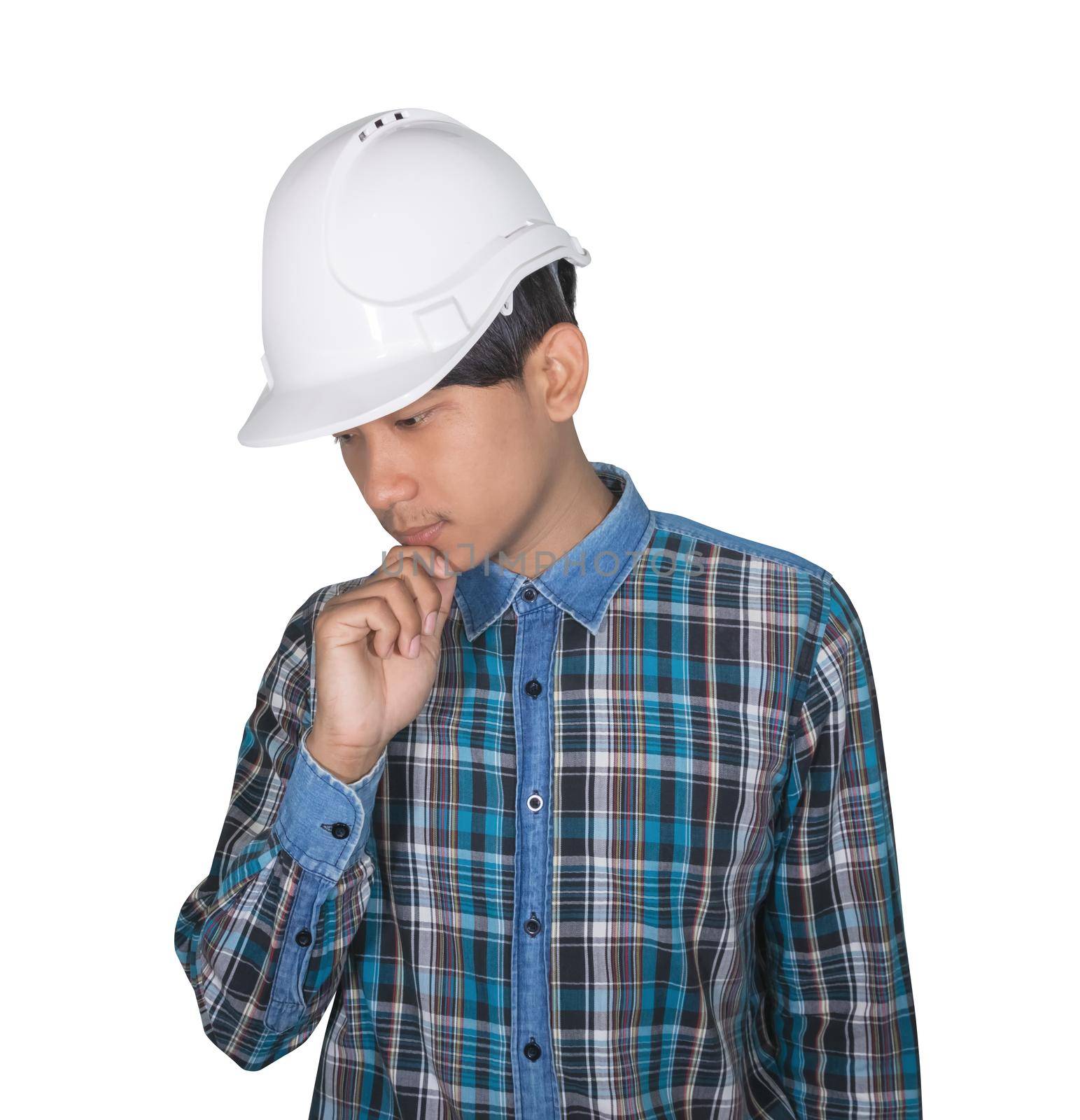 Engineer construction man thinking and wear white safety helmet plastic  on white background by pramot