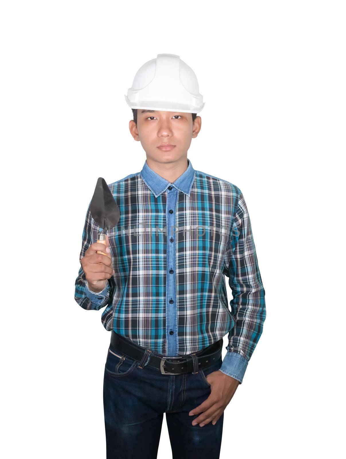 hand of engineer holding Triangle trowel and wear white safety helmet plastic on white background. construction concept