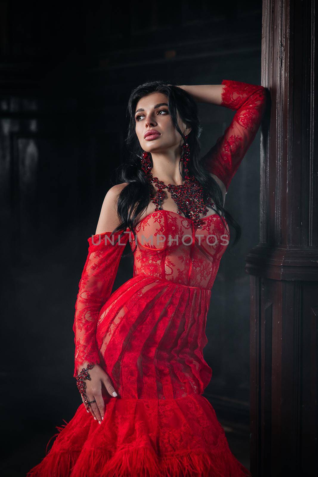 Woman Vintage Red Dress Old Castle Beautiful Princess In Seductive Dress Elegant Caucasian Female Fairy Tale story