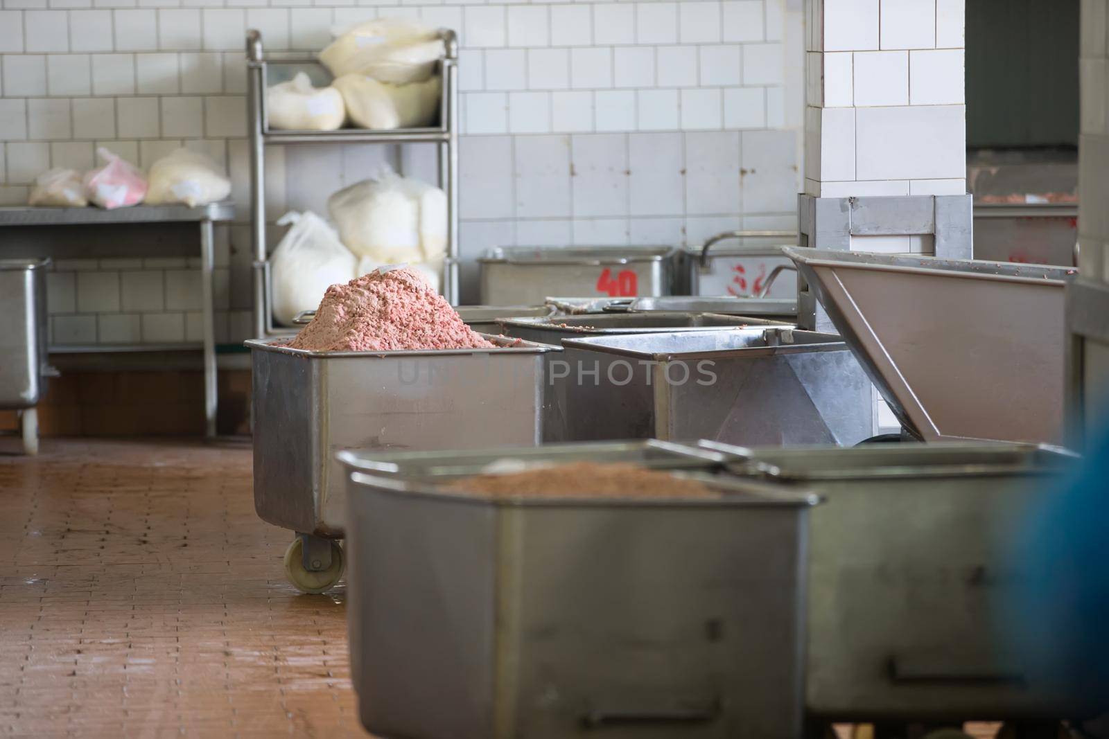 Shop for preparation of minced meat at a meat factory