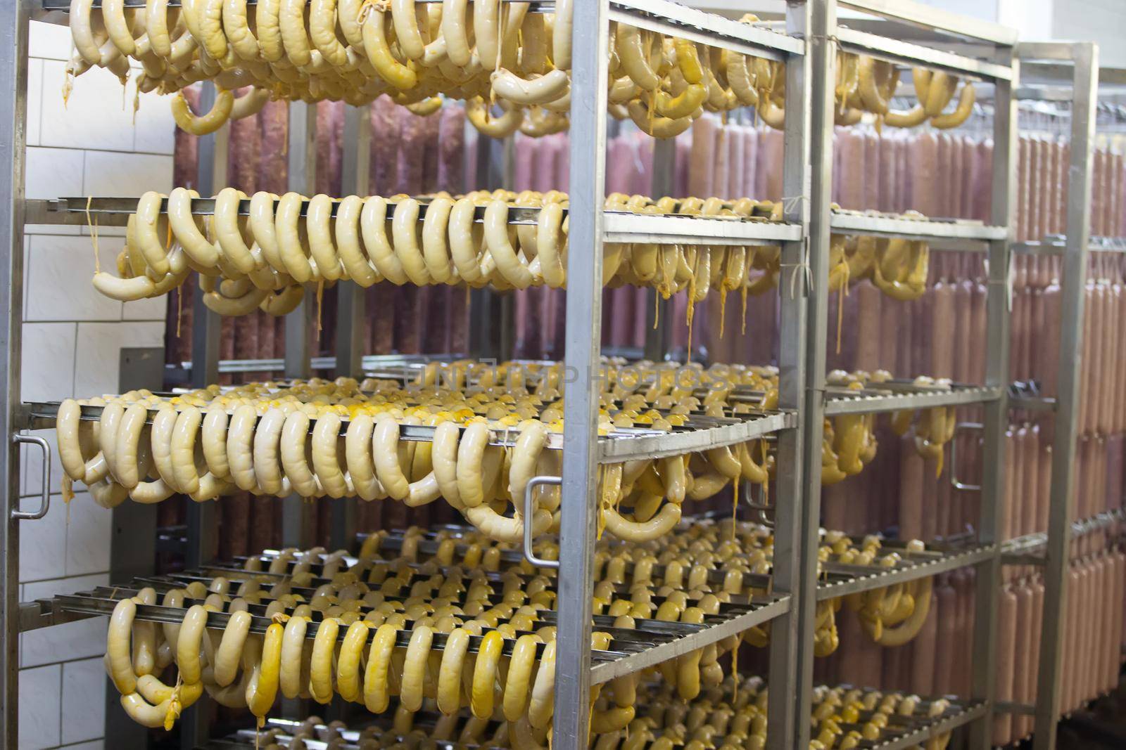 Suspended sausages at a meat factory