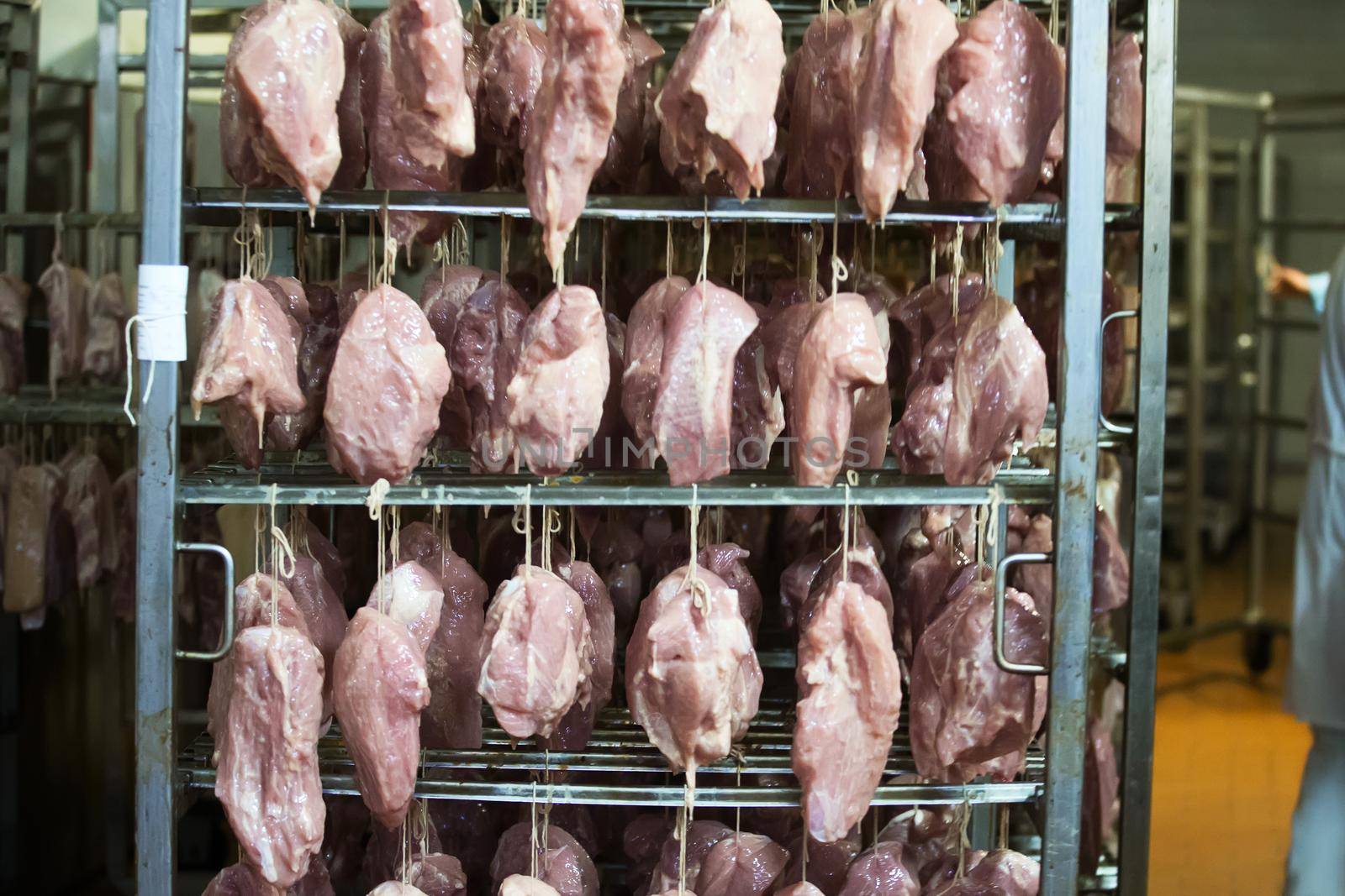 Meat factory.The fillet suspended on a rope in the drying chamber of the meat processing plant