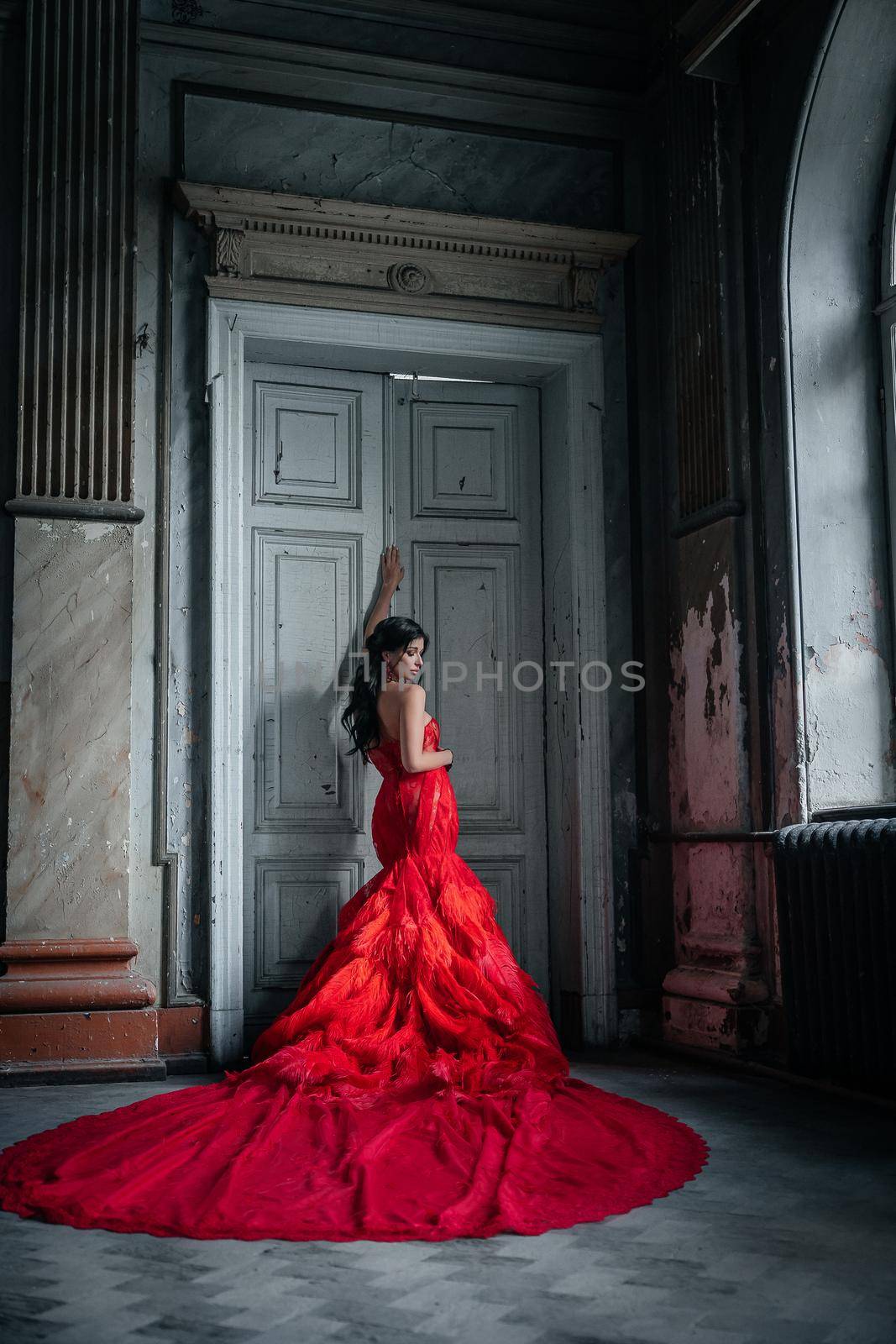 Woman Vintage Red Dress Old Castle Beautiful Princess In Seductive Dress Elegant Caucasian Female Fairy Tale story