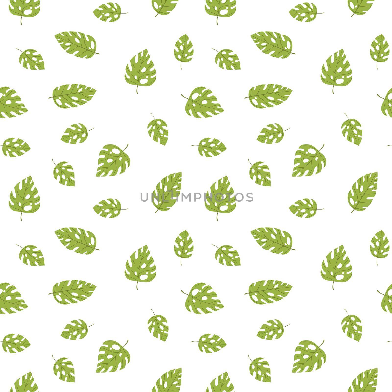Floral seamless with hand drawn color exotic monstera leaves. Cute summer background. Tropic green branches. Modern floral compositions. Fashion vector illustration for wallpaper, fabric, textile.