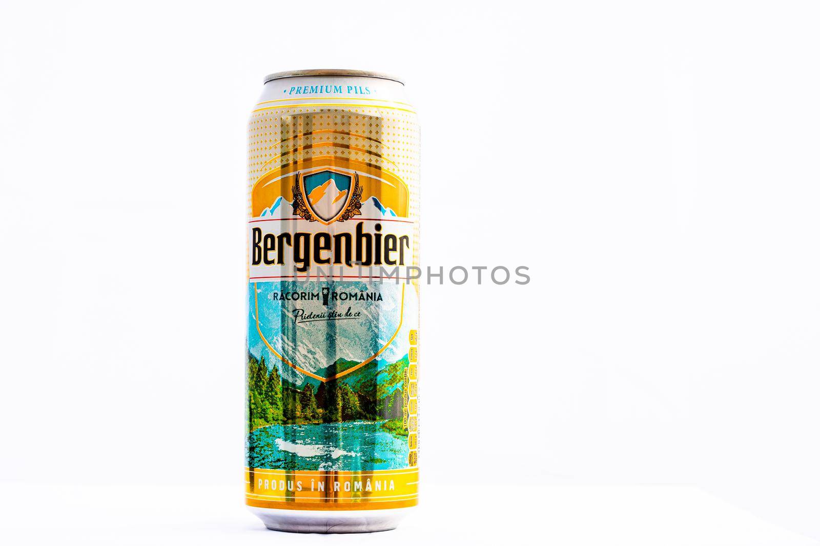 Can of Bergenbier beer isolated on white. Illustrative editorial photo shot in Bucharest, Romania, 2021 by vladispas