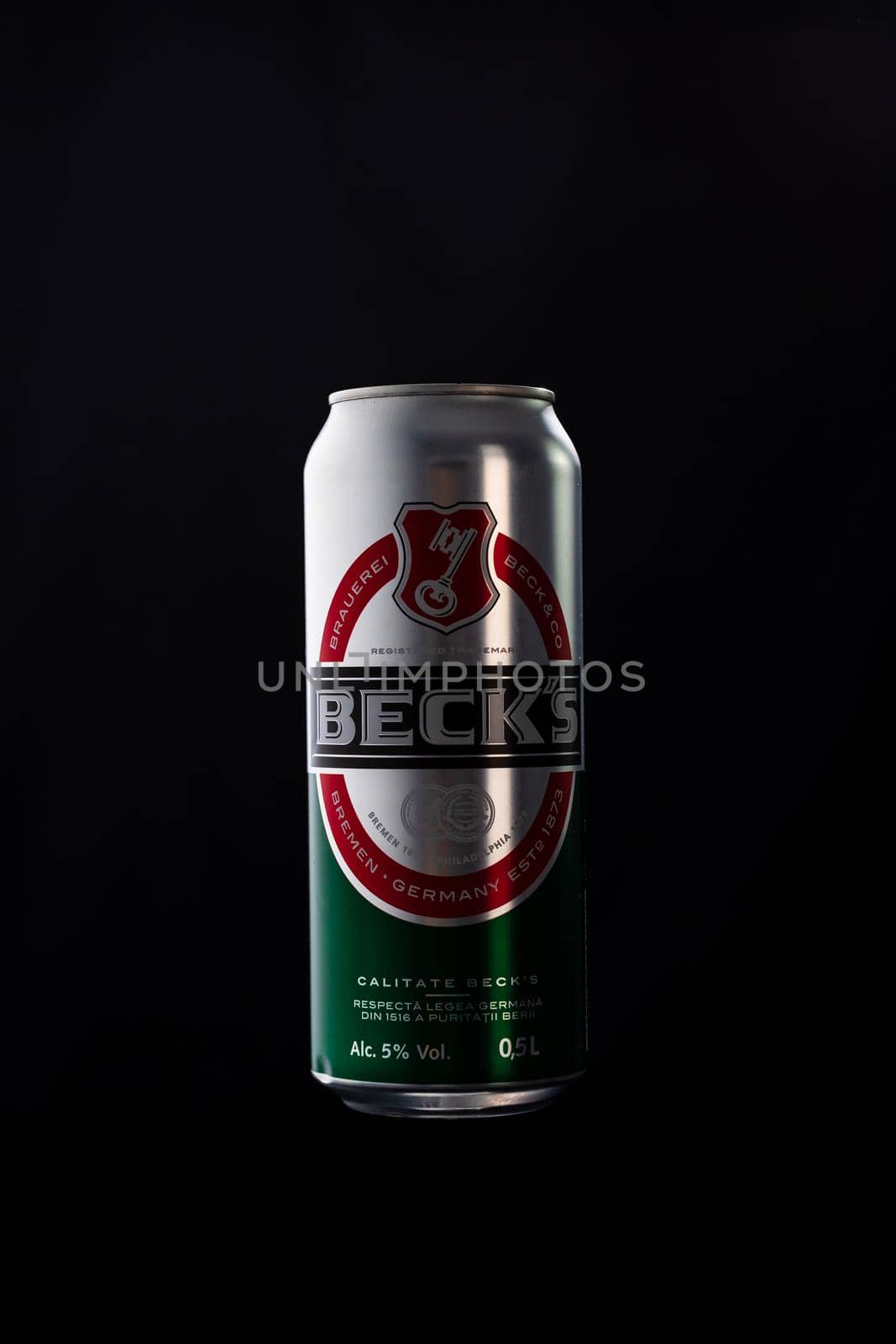 Beck`s beer can isolated on black background. Bucharest, Romania, 2020 by vladispas