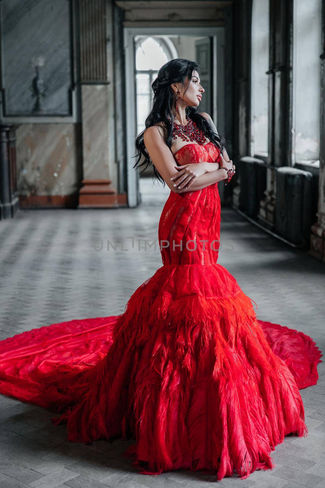 Woman Vintage Red Dress Old Castle Beautiful Princess In Seductive Dress Elegant Caucasian Female Fairy Tale story