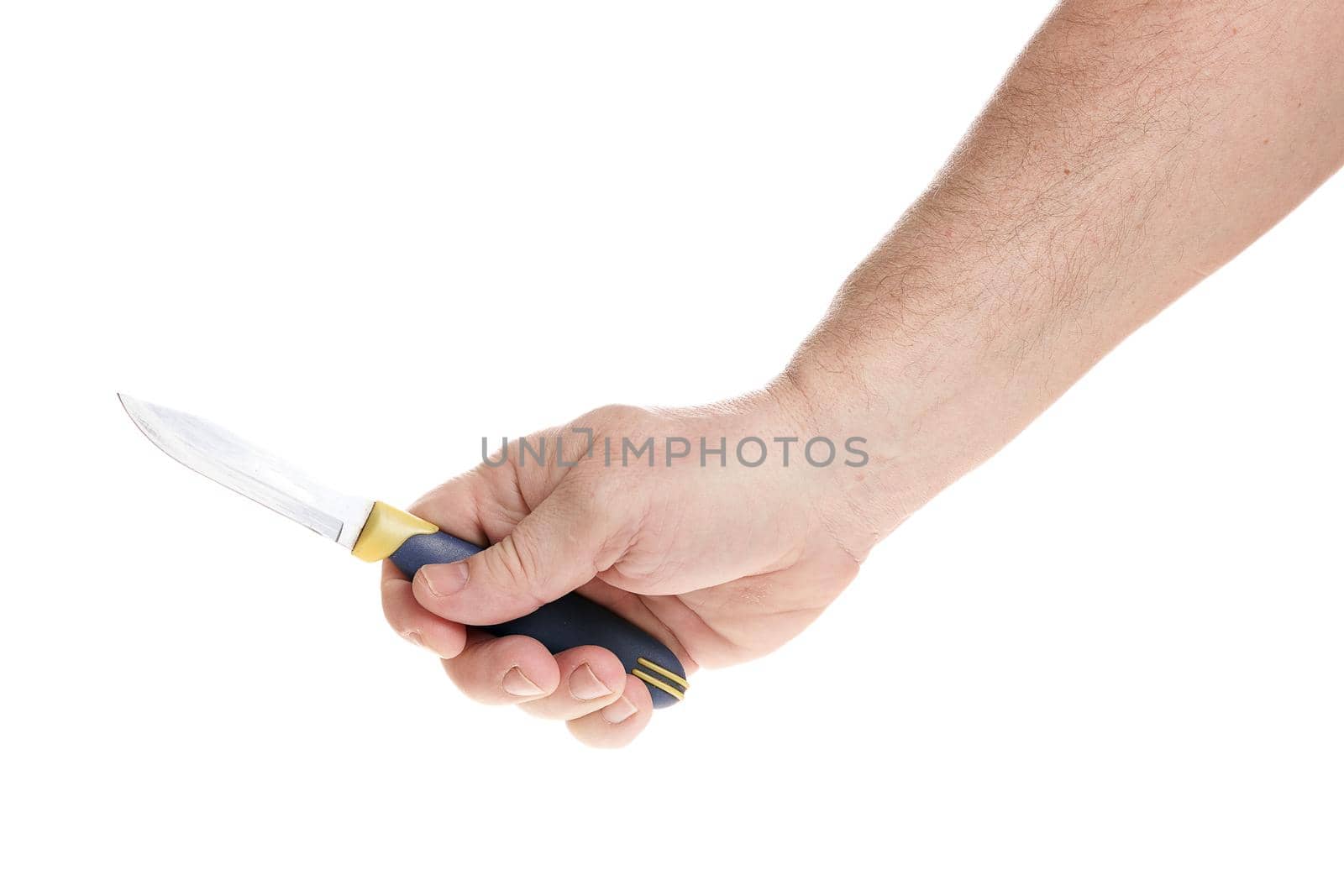 Hand holds a knife on a white background, a template for designers. Close up