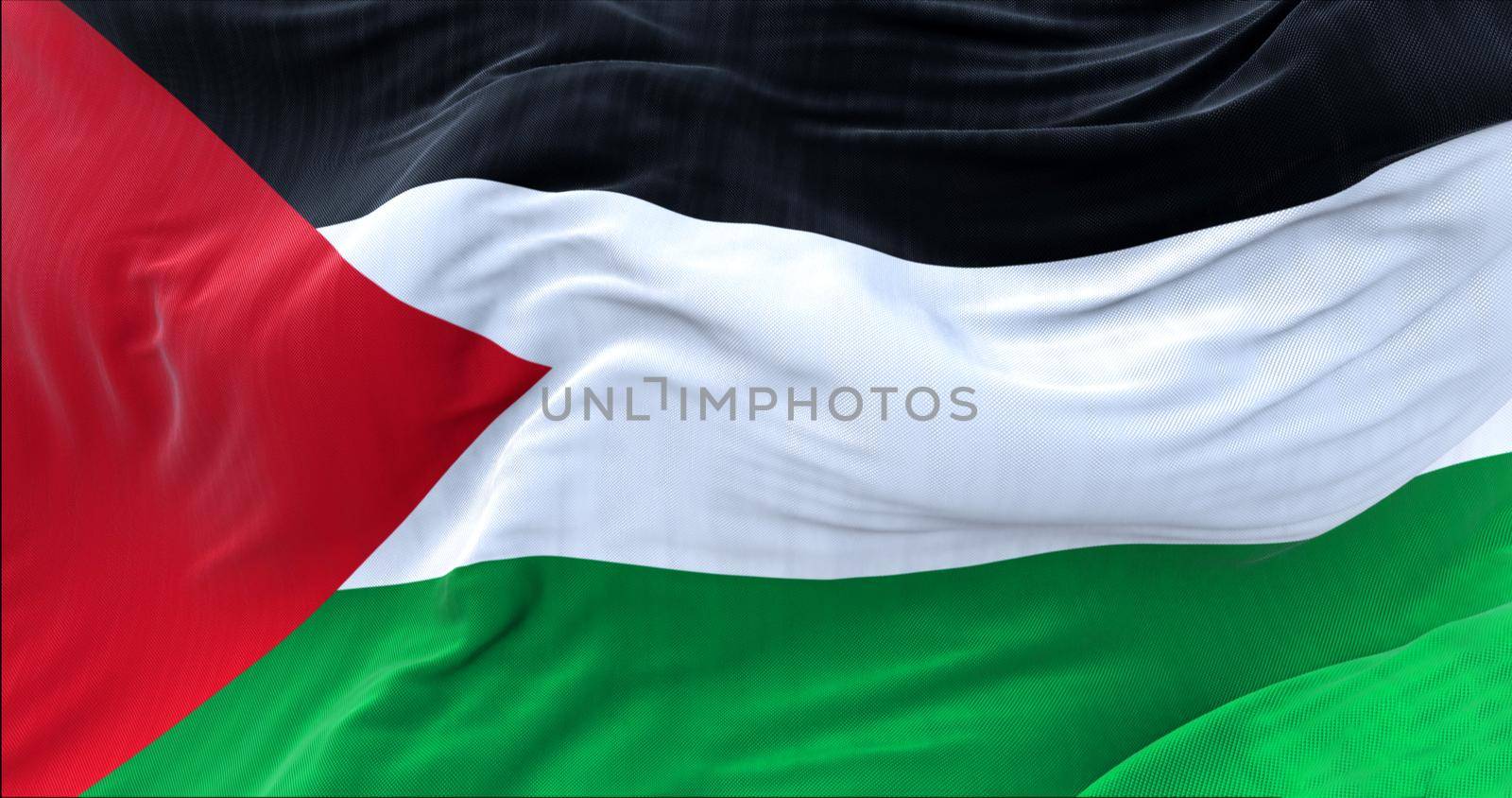 close up view of the flag of Palestine waving in the wind. Selective focus.