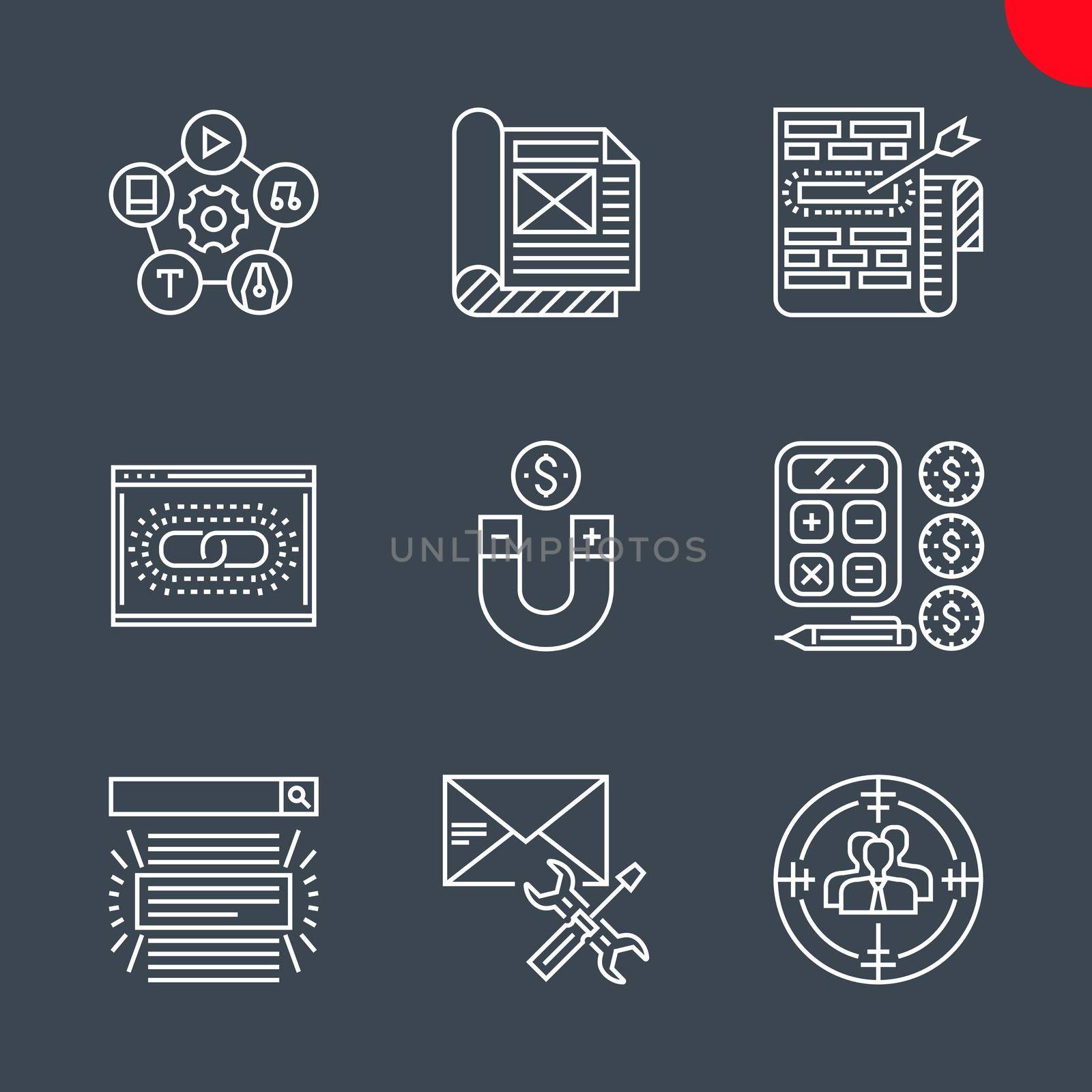 SEO Line Icons Set. SEO Vector Line Icons. Target keywords, audience, email support, search result, web link optimization, content management, conversion, article, finance. Editable Stroke