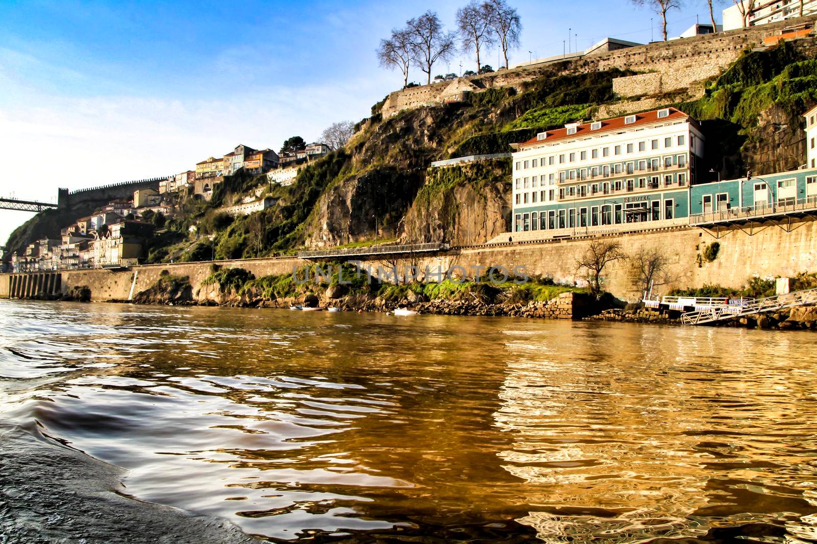Beautiful view of the city of Porto from the Douro River on a clear day of winter