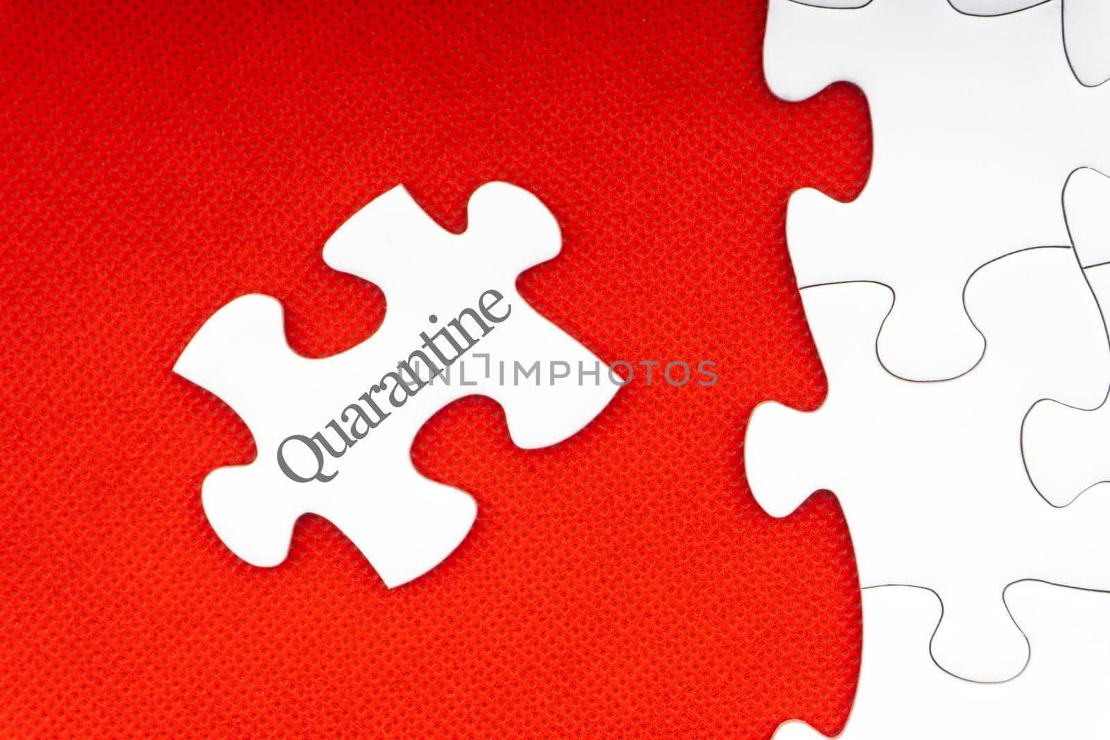 QUARANTINE text with jigsaw puzzle on red background.  by silverwings
