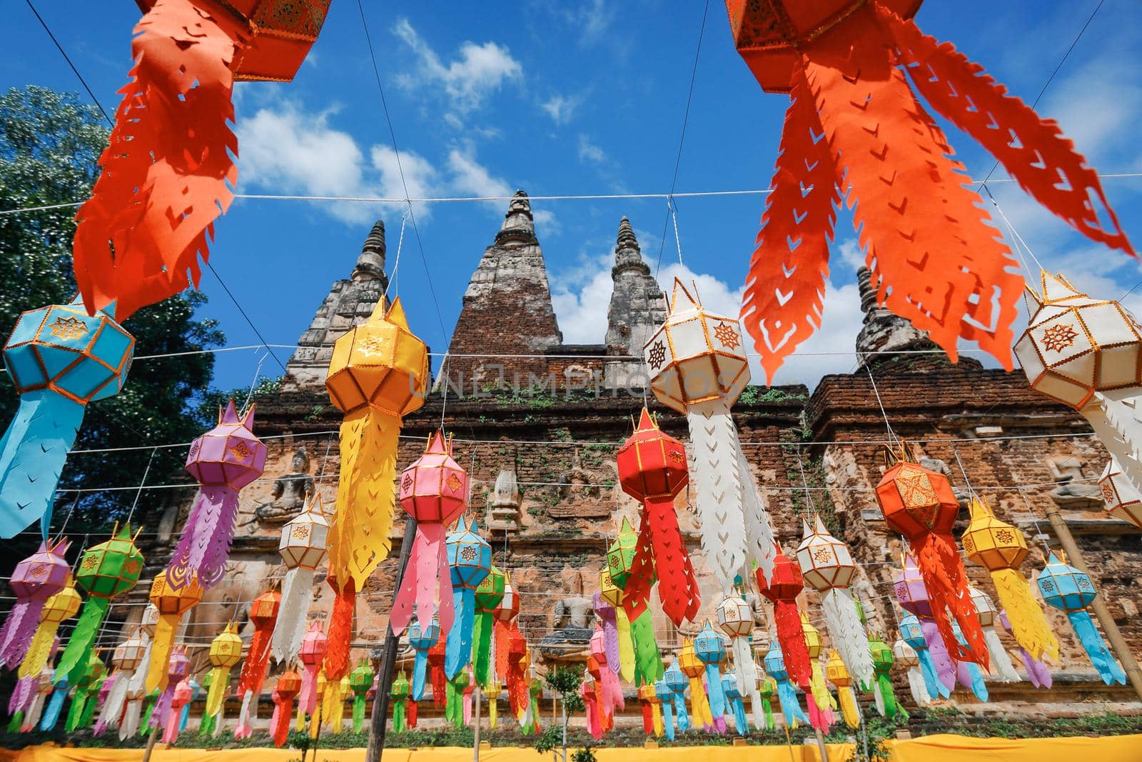 Yee Peng Festival (Yi Peng) Chiang Mai. Paper lanterns decorated in Jed-Yod temple. by toa55