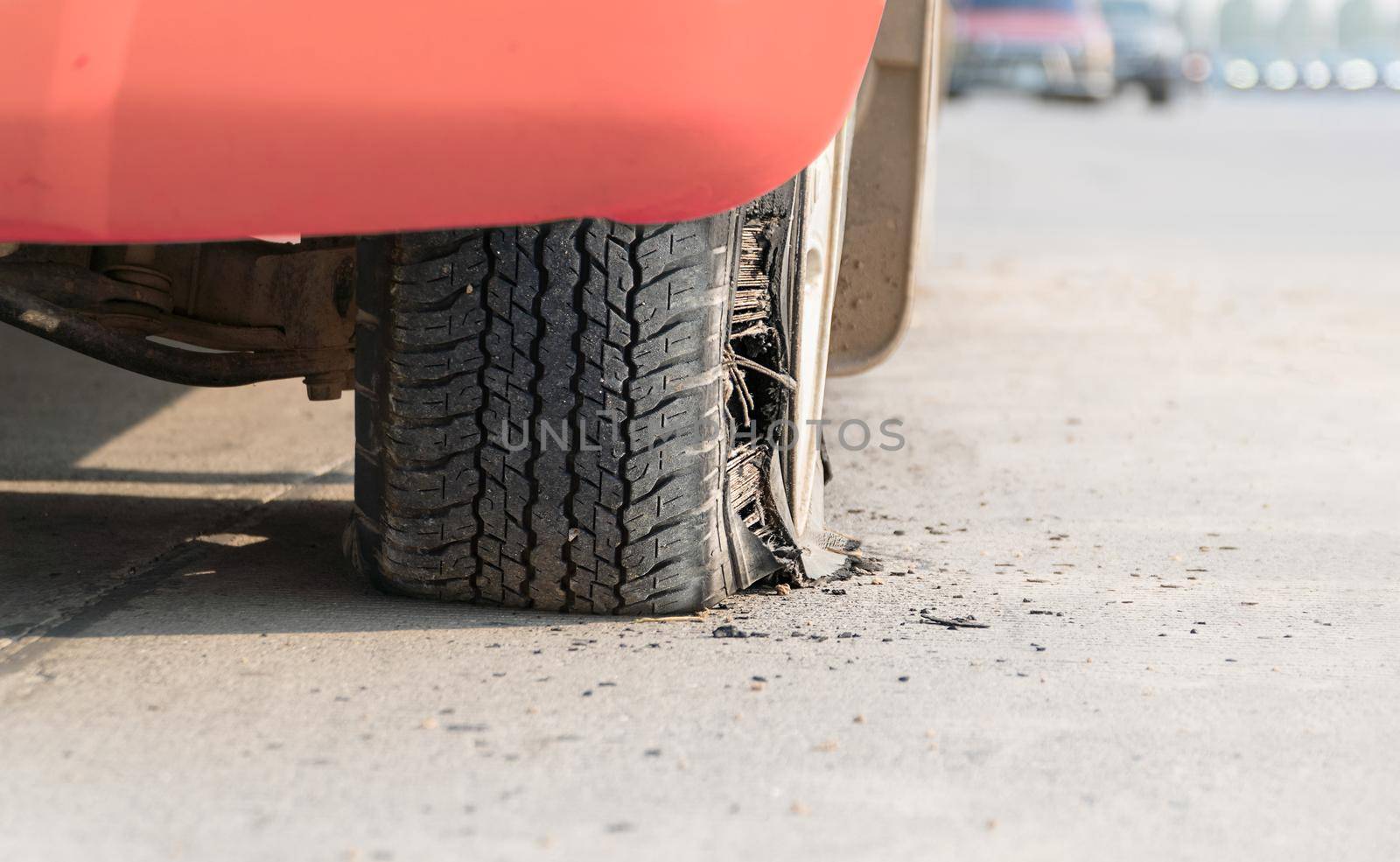 burst tire on the road