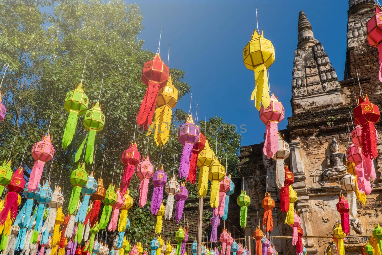 Yee Peng Festival (Yi Peng) Chiang Mai. Paper lanterns decorated in Jed-Yod temple. by toa55