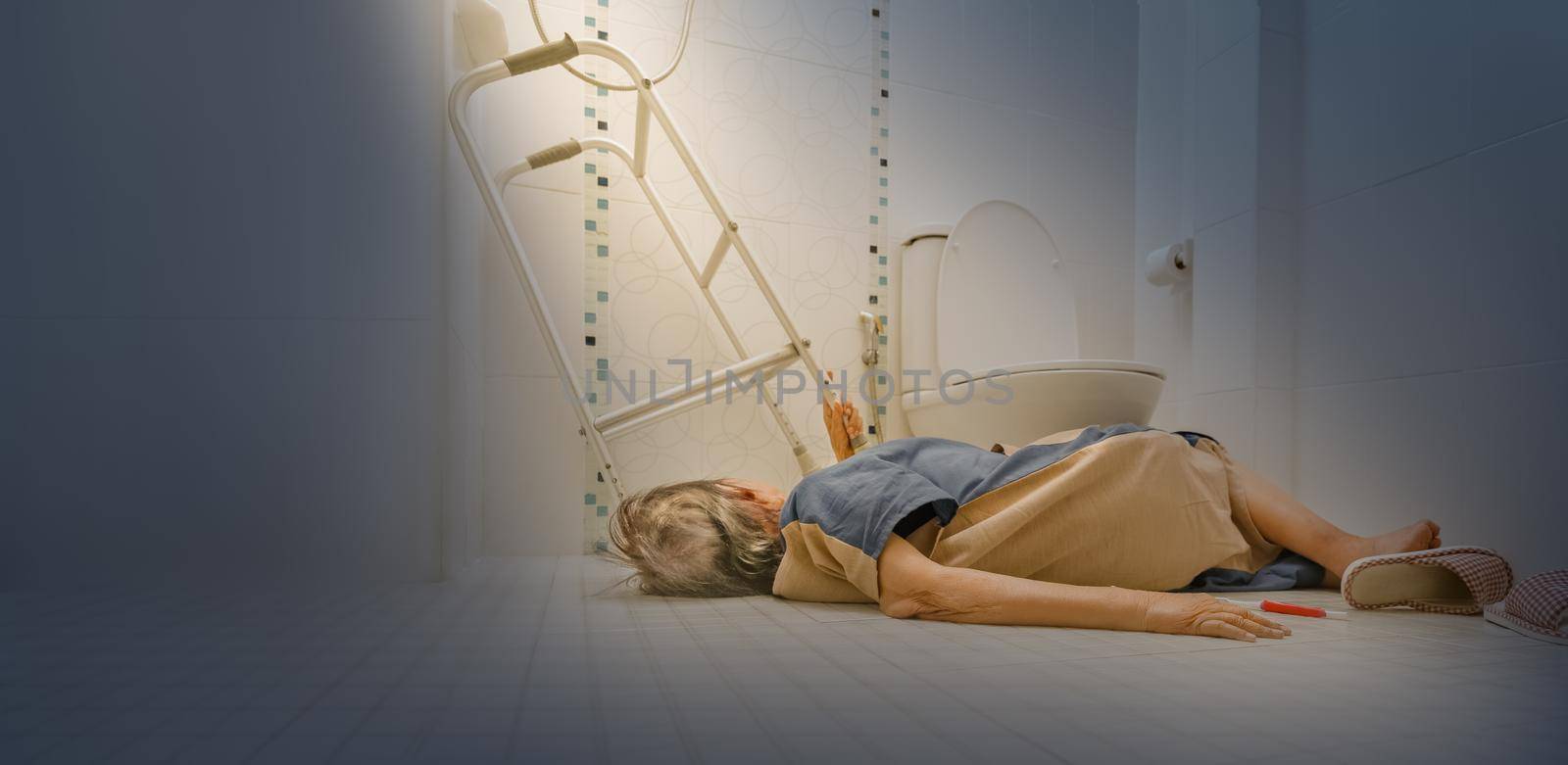 Elderly woman falling in bathroom because slippery surfaces