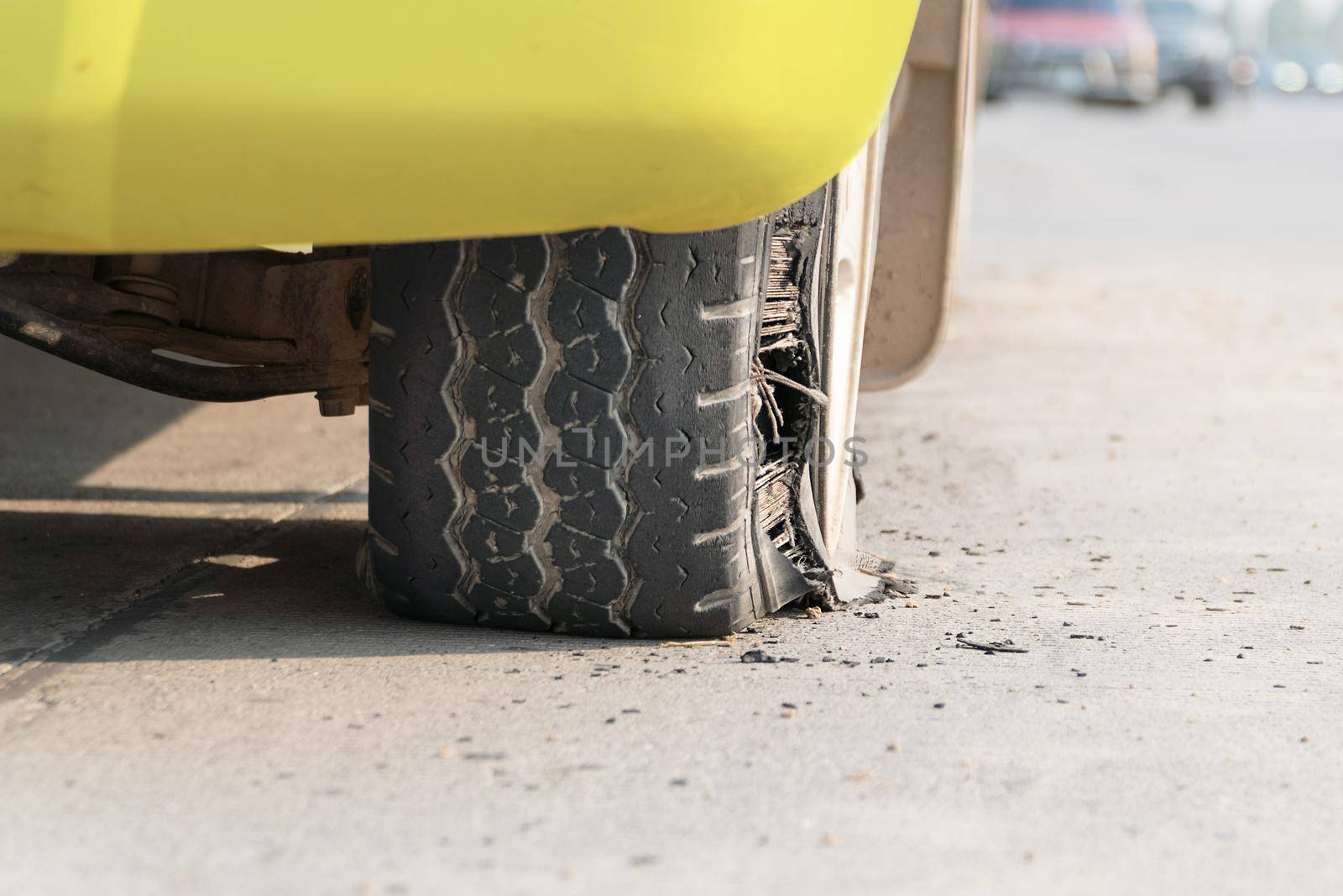 burst tire on the road