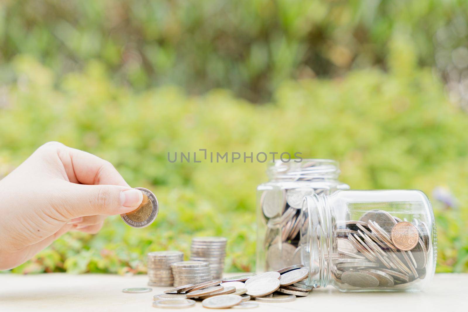 Hand put money coin into jar on blurred green natural background. Saving money and investment concept.