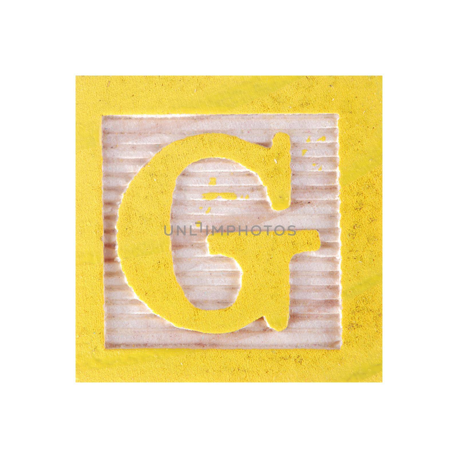 A Letter G childs wood block on white with clipping path