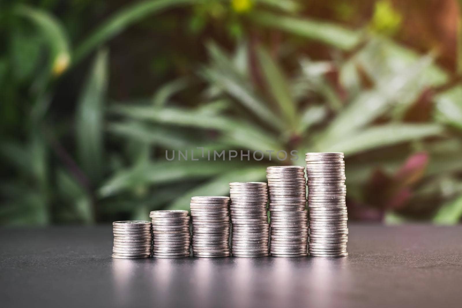 Close up of  stacked rows of coins on a table with green leaves in the garden background
