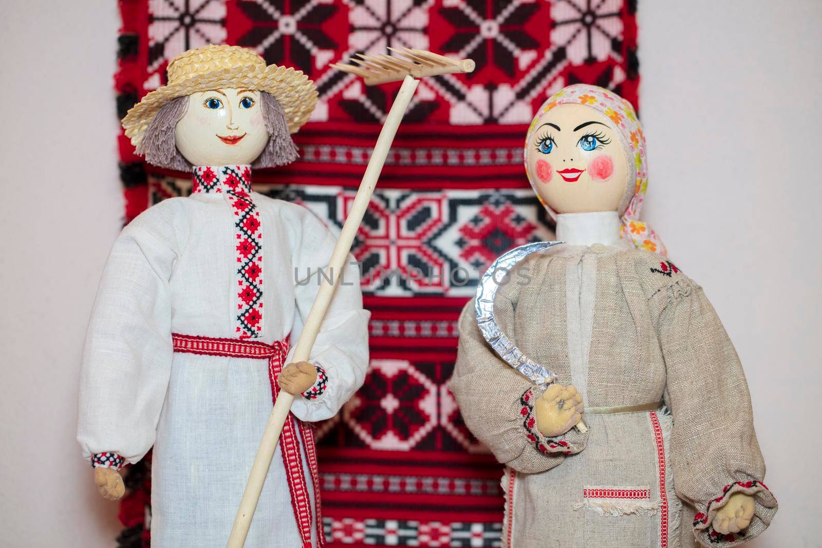 Slavic national dolls. Belorussian Ukrainian Russian ethnic dolls. Lyalka is a man and a woman in an embroidered shirt.