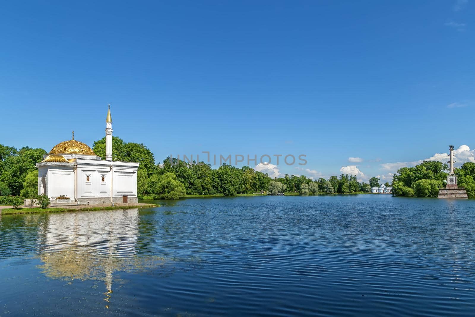 View of the Great Pond with Turkish bath and Chesme Columnv in Catherine Park, Tsarskoye Selo, Russia