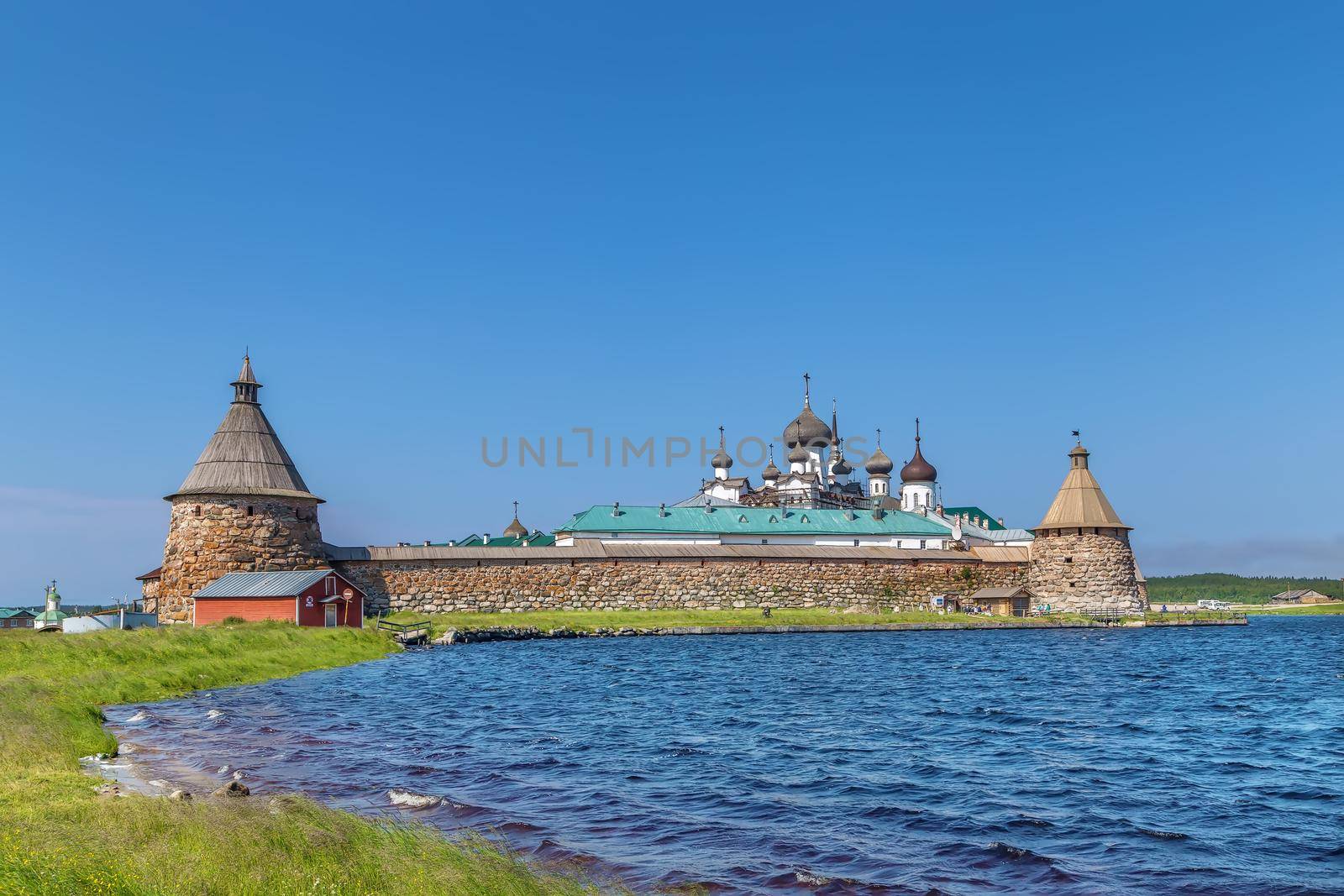 Solovetsky Monastery is a fortified monastery located on the Solovetsky Islands in the White Sea, Russia. Panoramic view from Holy lake