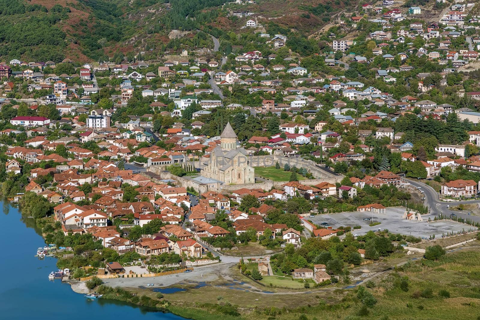 View of Mtskheta from hill with Jvari Monastery, Georgia