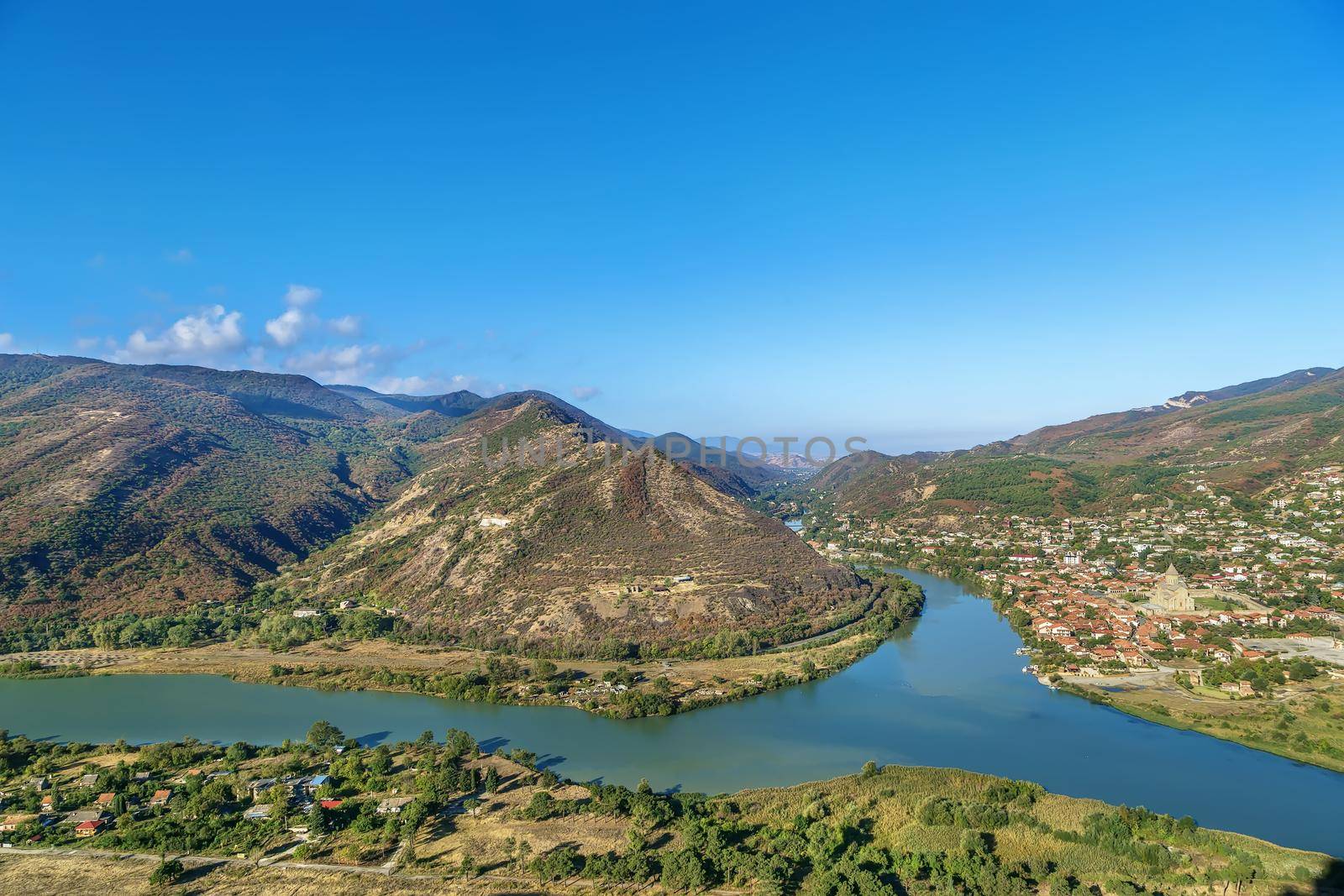 View of Kura and Aragvi rivers merge from hill with Jvari Monastery, Georgia