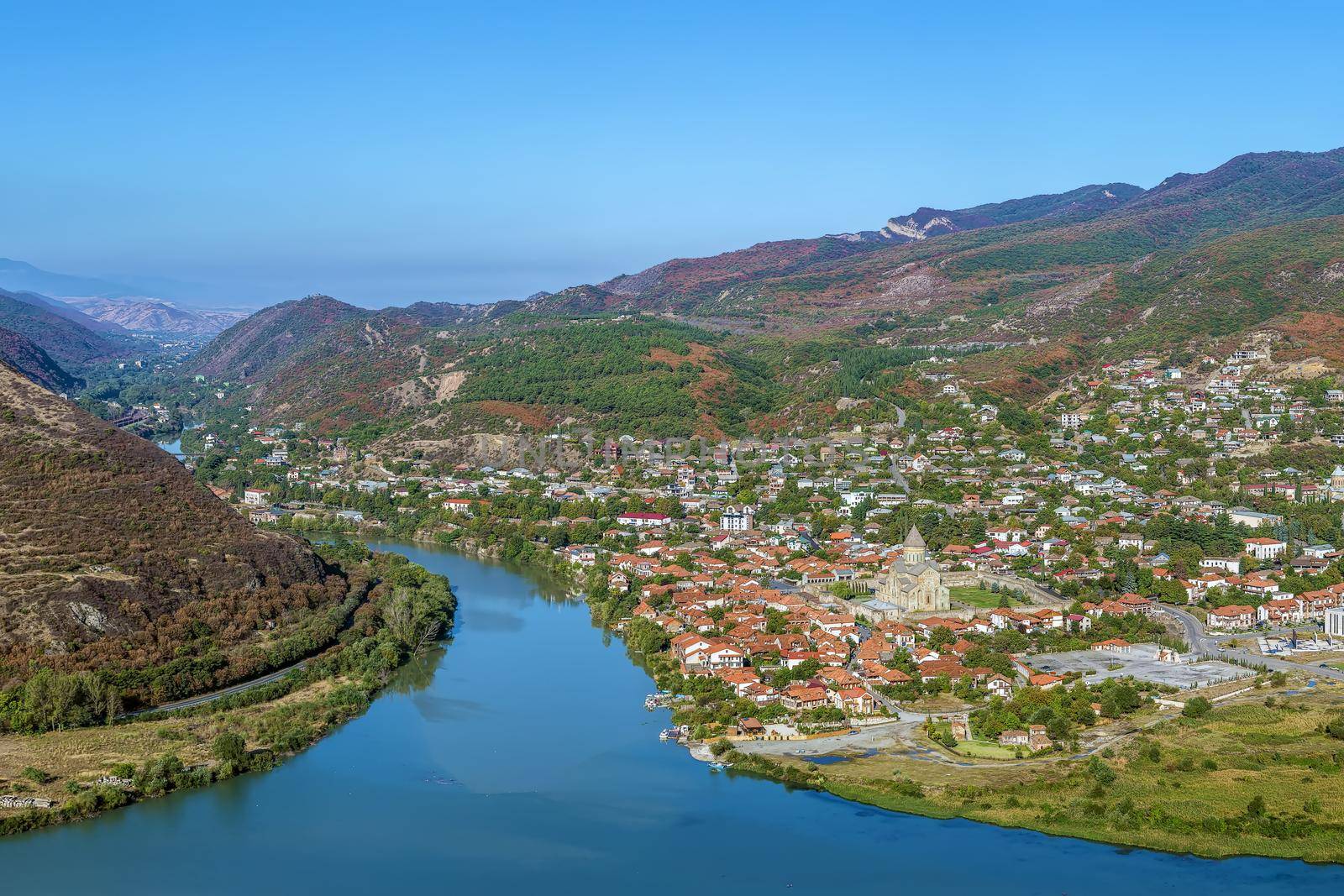 View of Kura and Aragvi rivers merge from hill with Jvari Monastery, Georgia