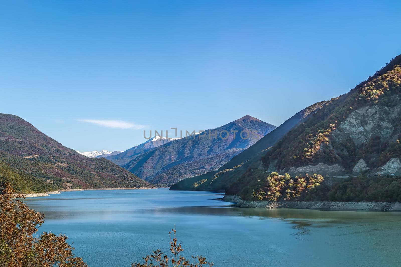 Landscape of Zhinvali reservoir with surrounding mountains, Georgia