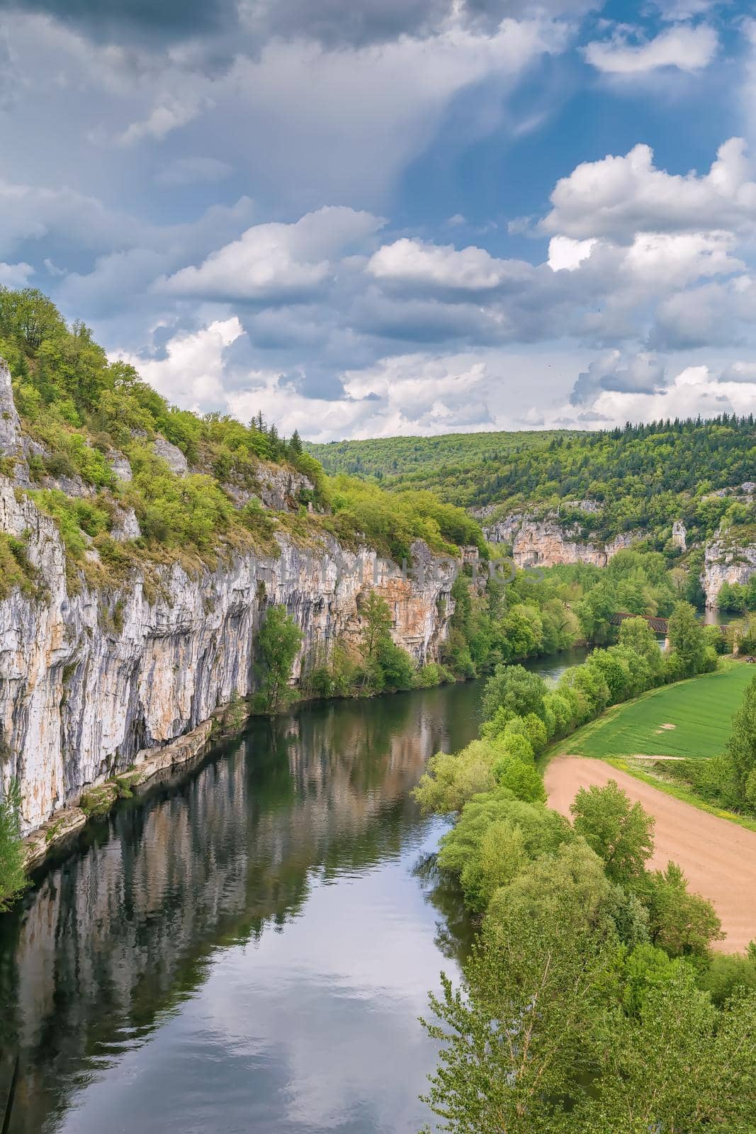 Landscape with rocky shore of Lot river, France