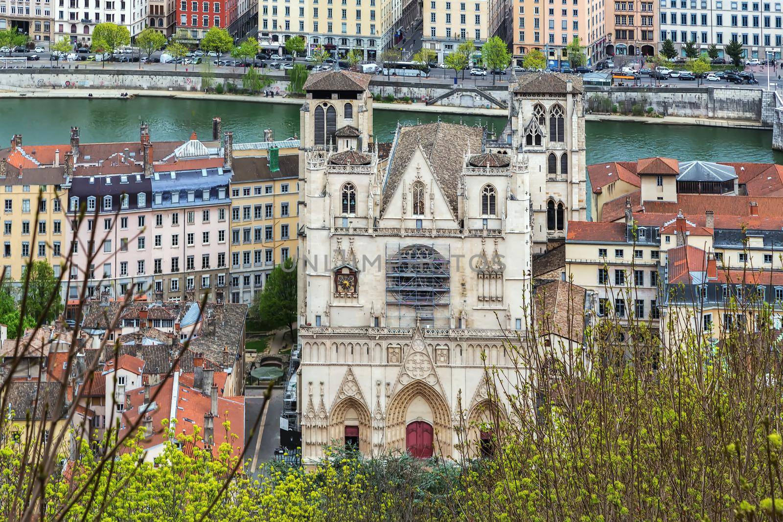 View of Lyon with cathedral from Basilica of Notre-Dame de Fourviere hill, Frane