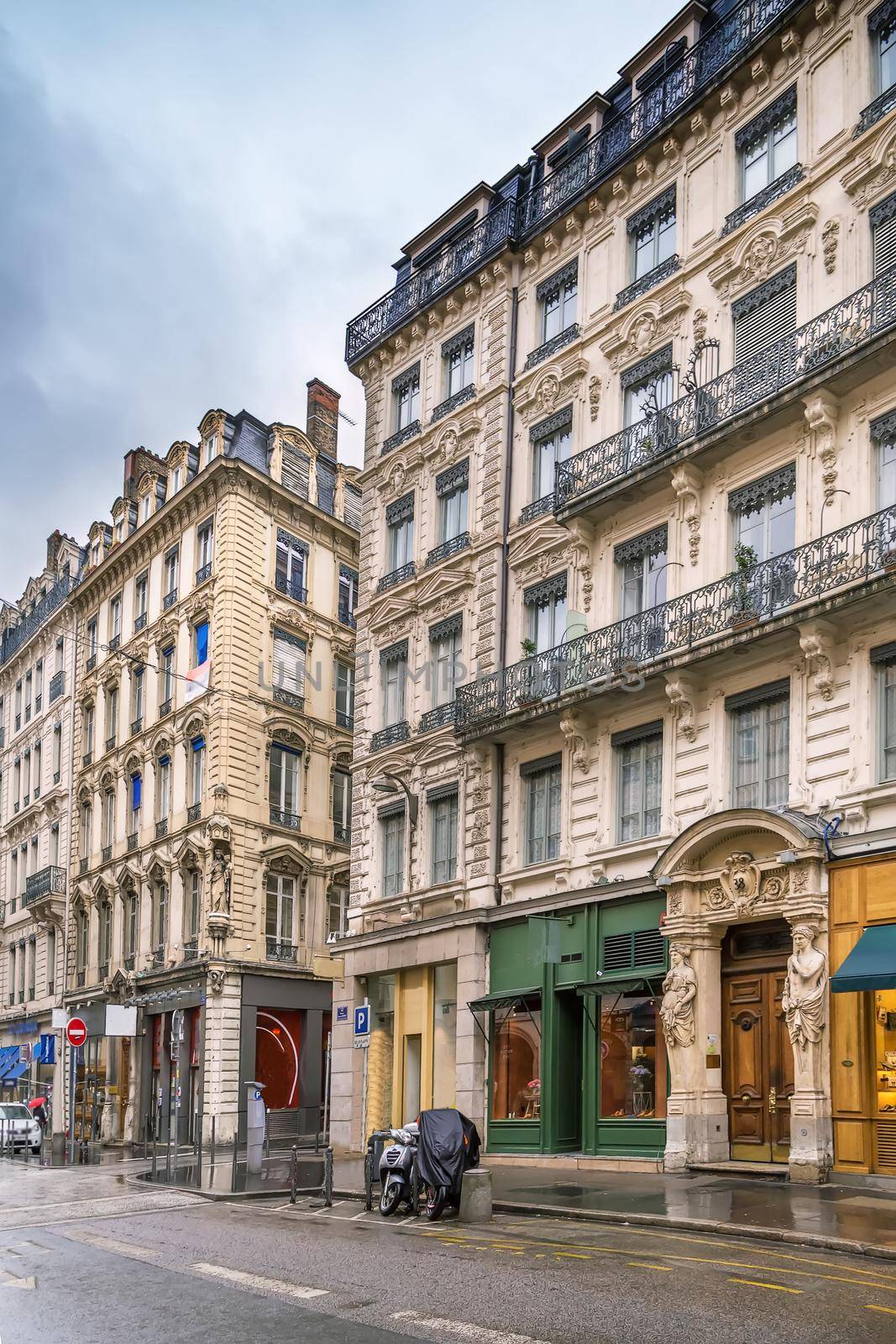 Street with historical houses in Lyon downtown, France