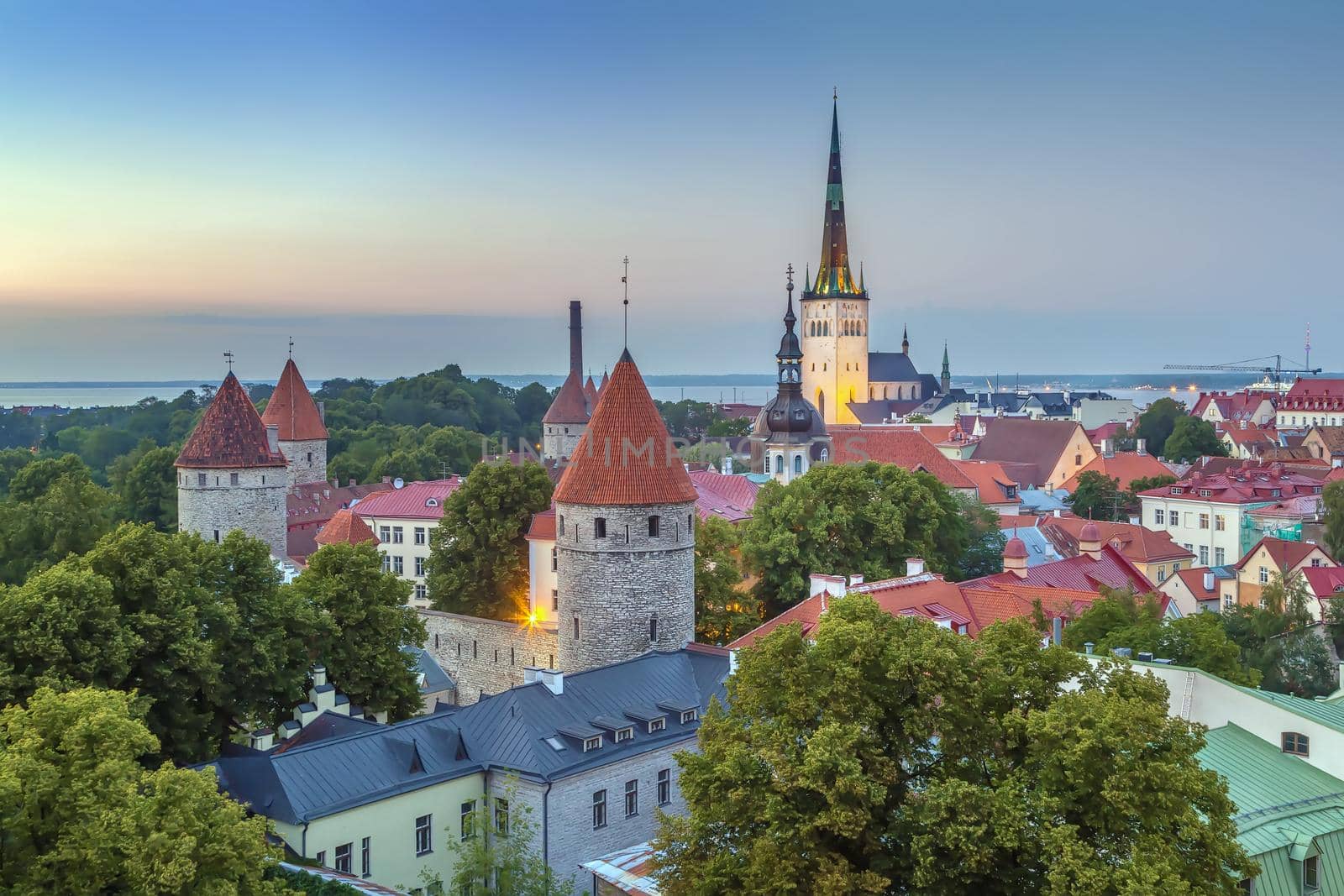 View of Walls of Tallinn and St. Olaf Church from Toompea hill in evening, Estonia