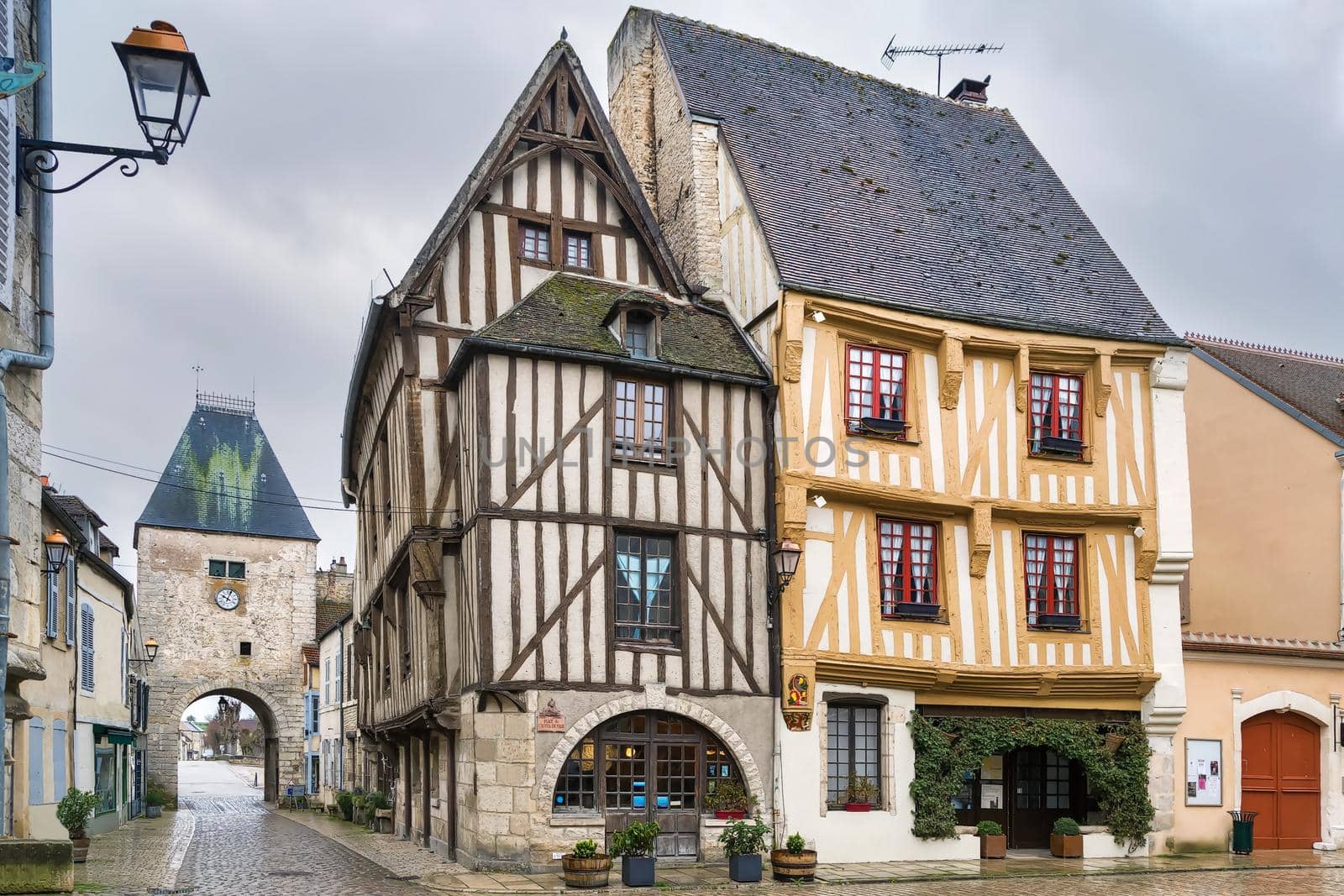Historical square with half-timbered houses in Noyers (Noyers-sur-Serein), Yonne, France