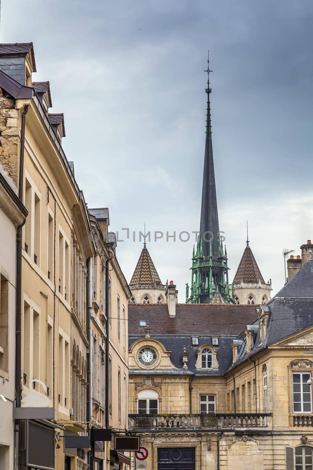 View of city with Spire of Dijon Cathedral, France