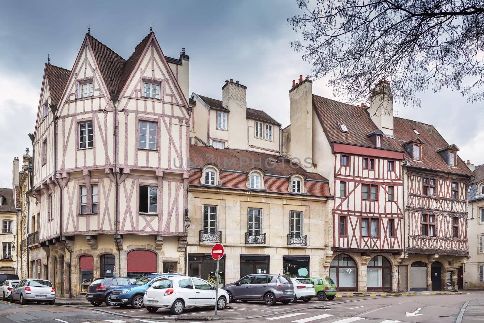 Street with historical houses in Dijon old town, France