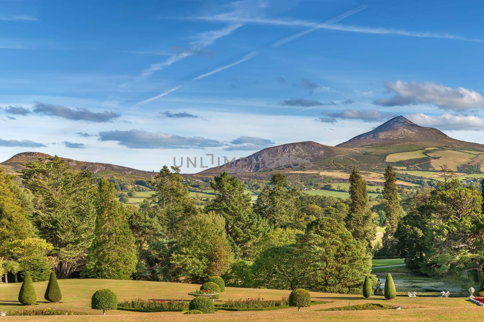 View of Old Long Hill in Wicklow Mountains from Powerscourt park, Ireland