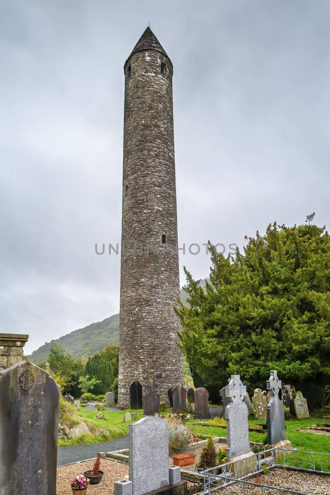 Round Tower and cemetery in Glendalough, Ireland