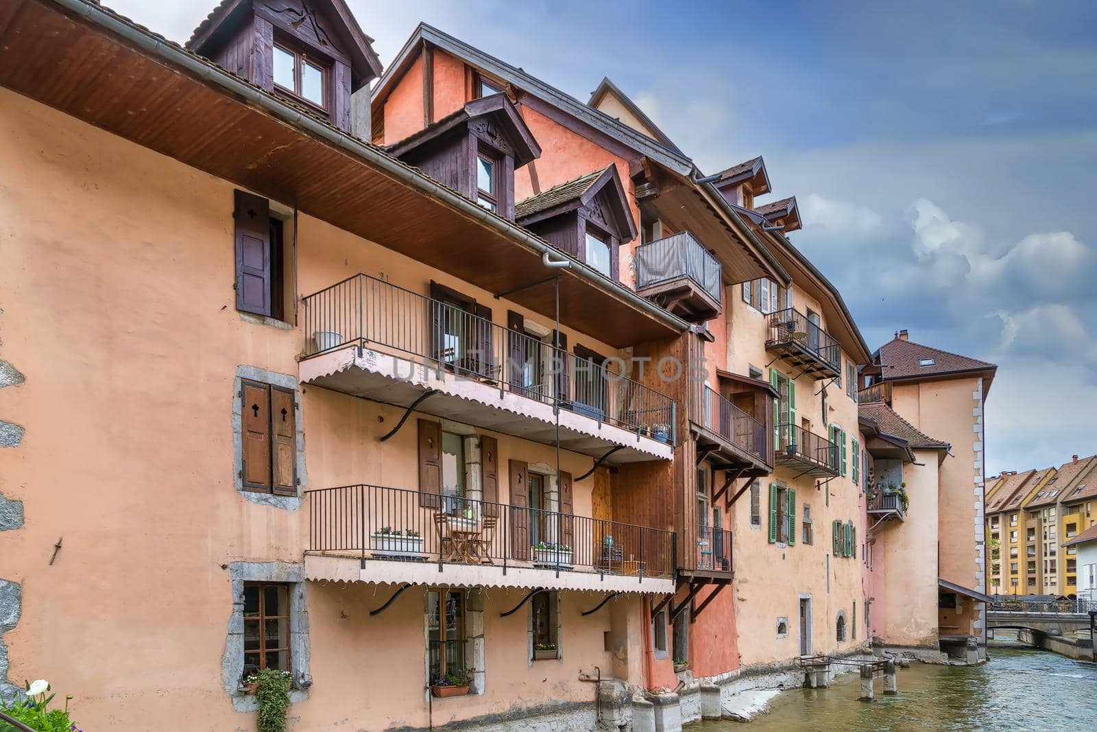 Historic houses along the Thiou river in Annecy old town, France