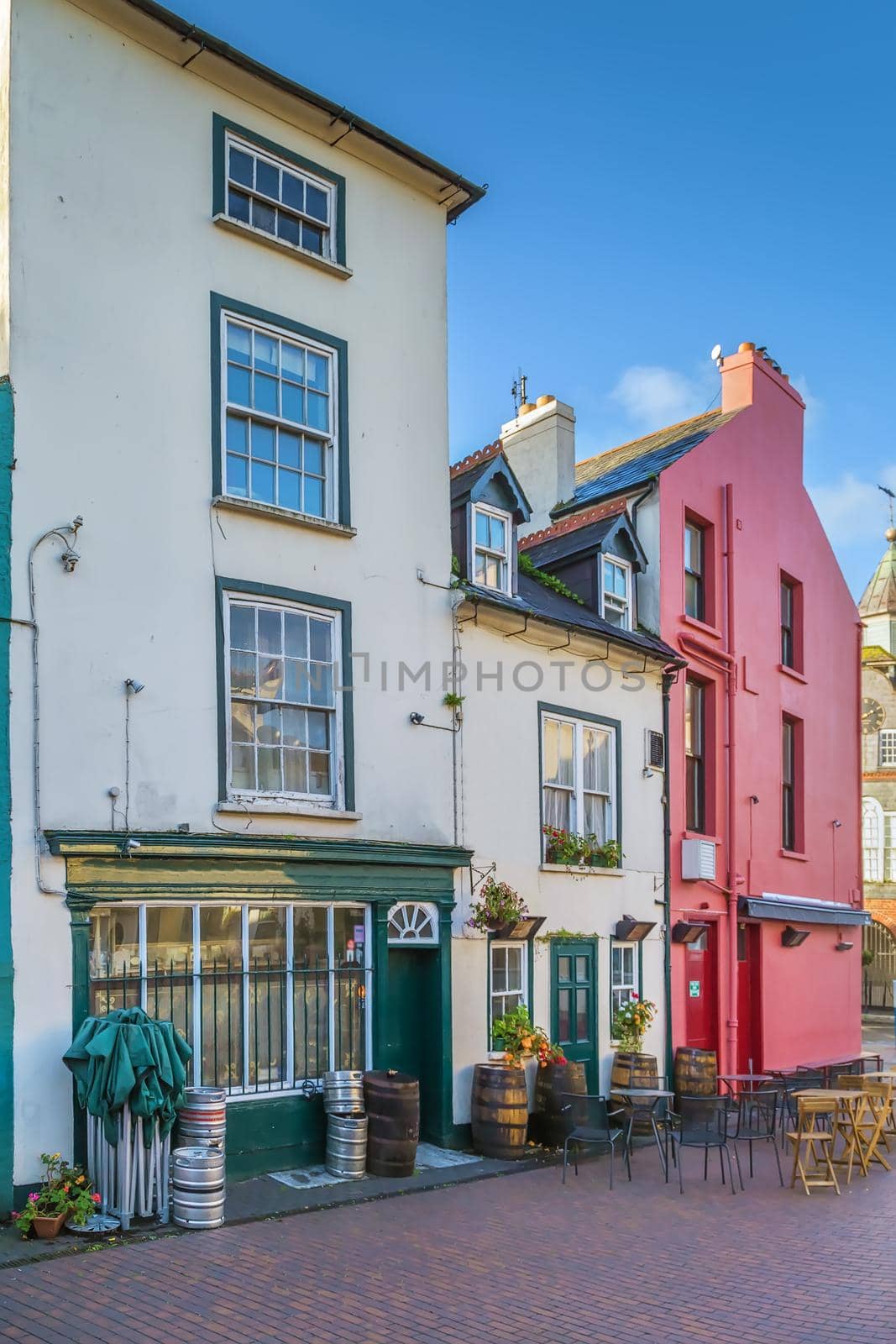 Street with bright colored houses  in Kinsale, Ireland