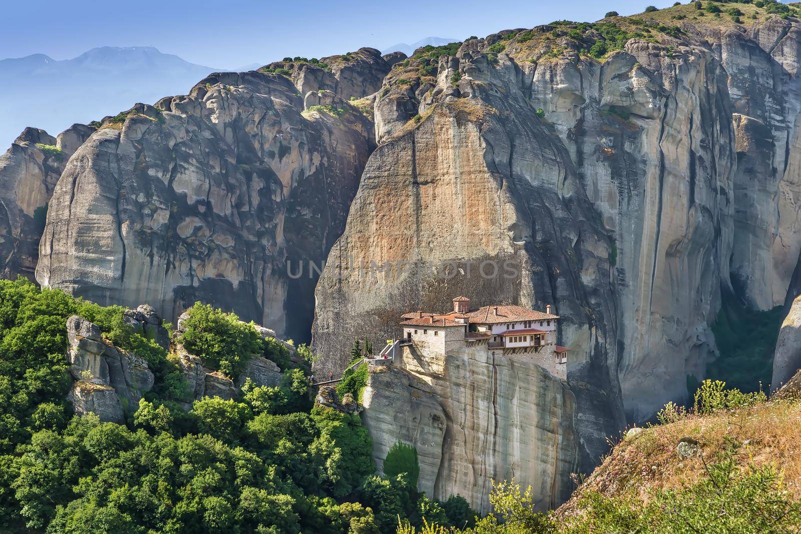 View of rocks with Monastery of Rousanou in Meteora, Greece