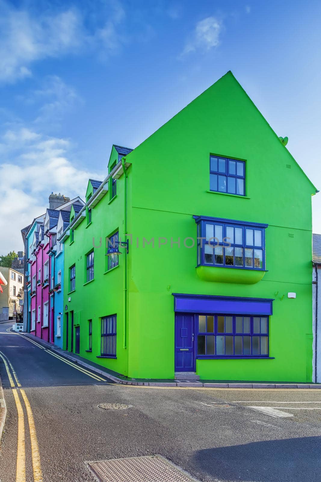 Street with bright colored houses  in Kinsale, Ireland