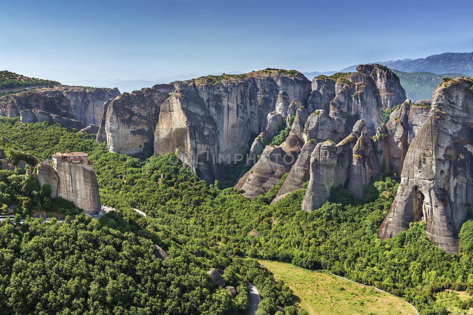 Panoramic view of  Meteora valley with  Monastery of Rousanou, Greece